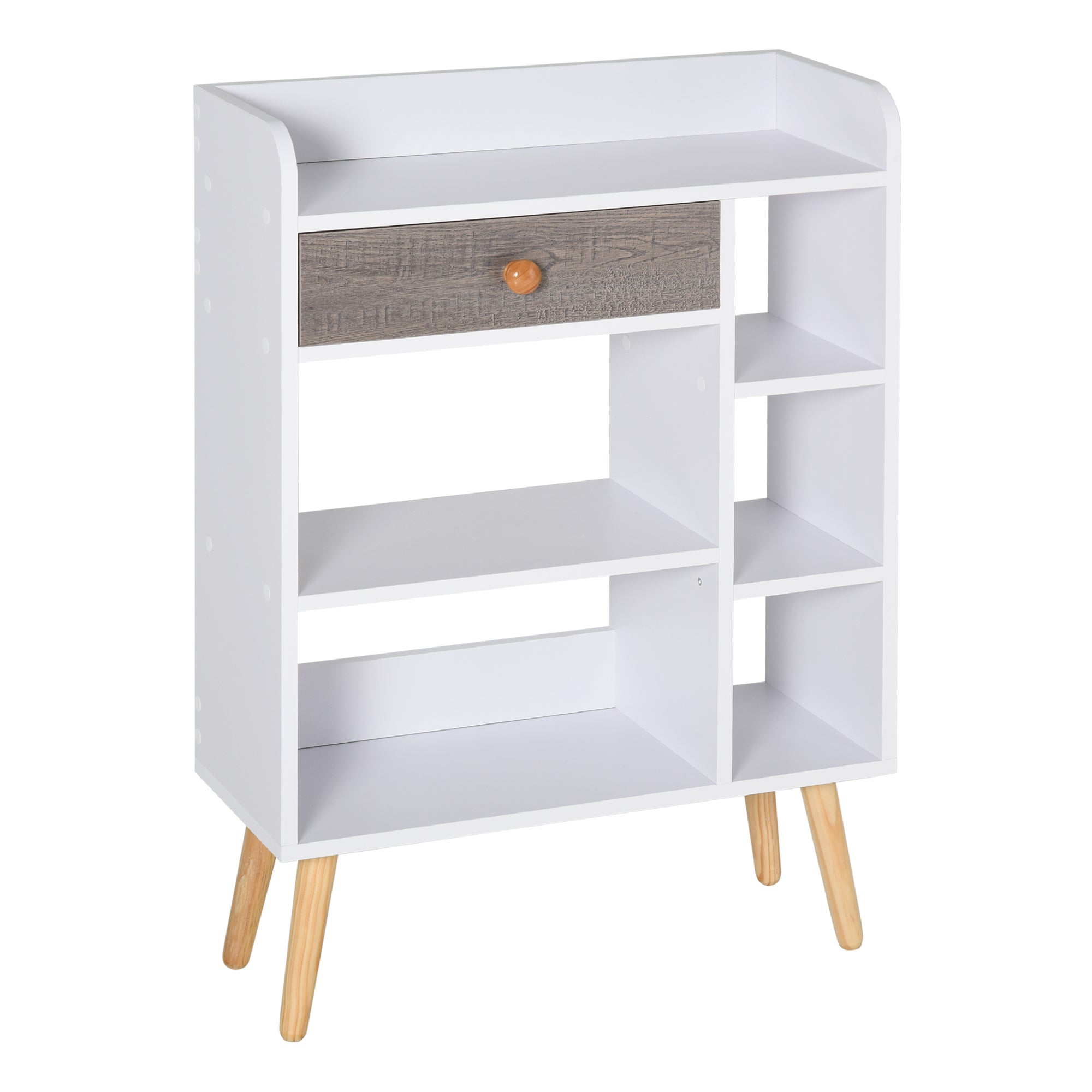 HOMCOM Multi-Shelf Modern Bookcase Freestanding Storage w/ Drawer 6 Shelves Wood Legs Home Office Display Furniture Stylish White Grey - North Peak Garden Furniture