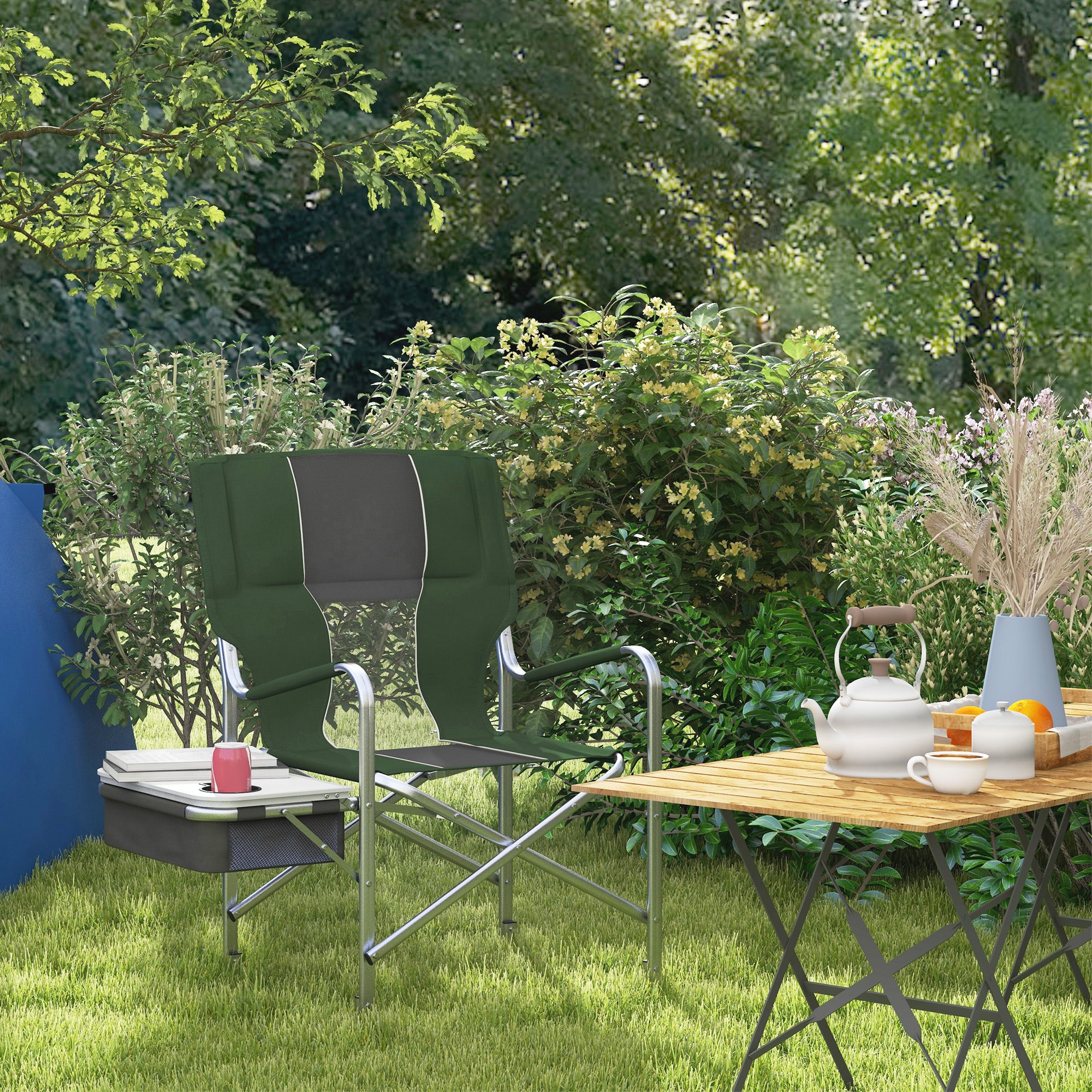 Outsunny Folding Aluminium Camping Chair, with Cooler Bag Table - Green - North Peak Garden Furniture