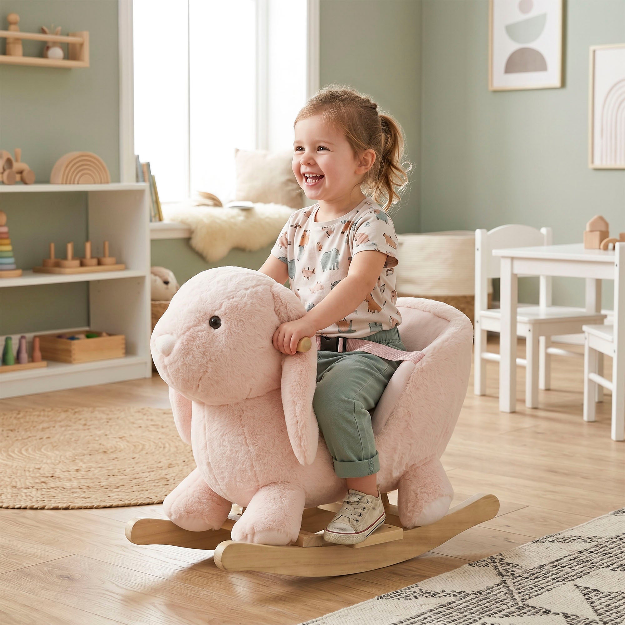 HOMCOM Kids Children Rocking Horse Plush Ride On Rabbit Seat w/ Sound Wood Base Seat Safety Belt Toddler Baby Toy Rocker Pink 18 - 36 Months