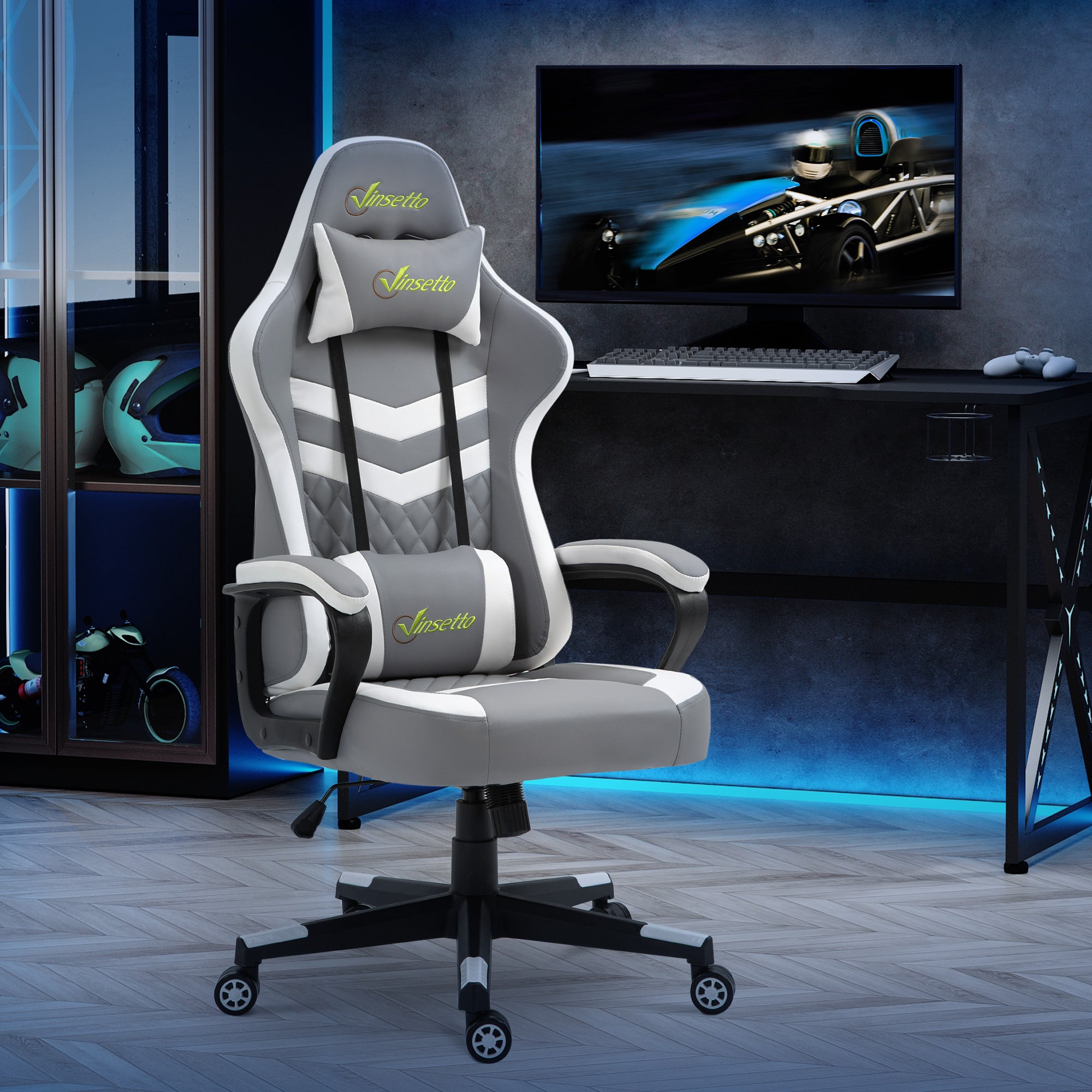 Vinsetto Gaming Chair, Computer Desk Chair with Lumbar Support, Faux Leather Racing Chair with Headrest and Swivel Wheels for Home Office, Grey White - North Peak Garden Furniture