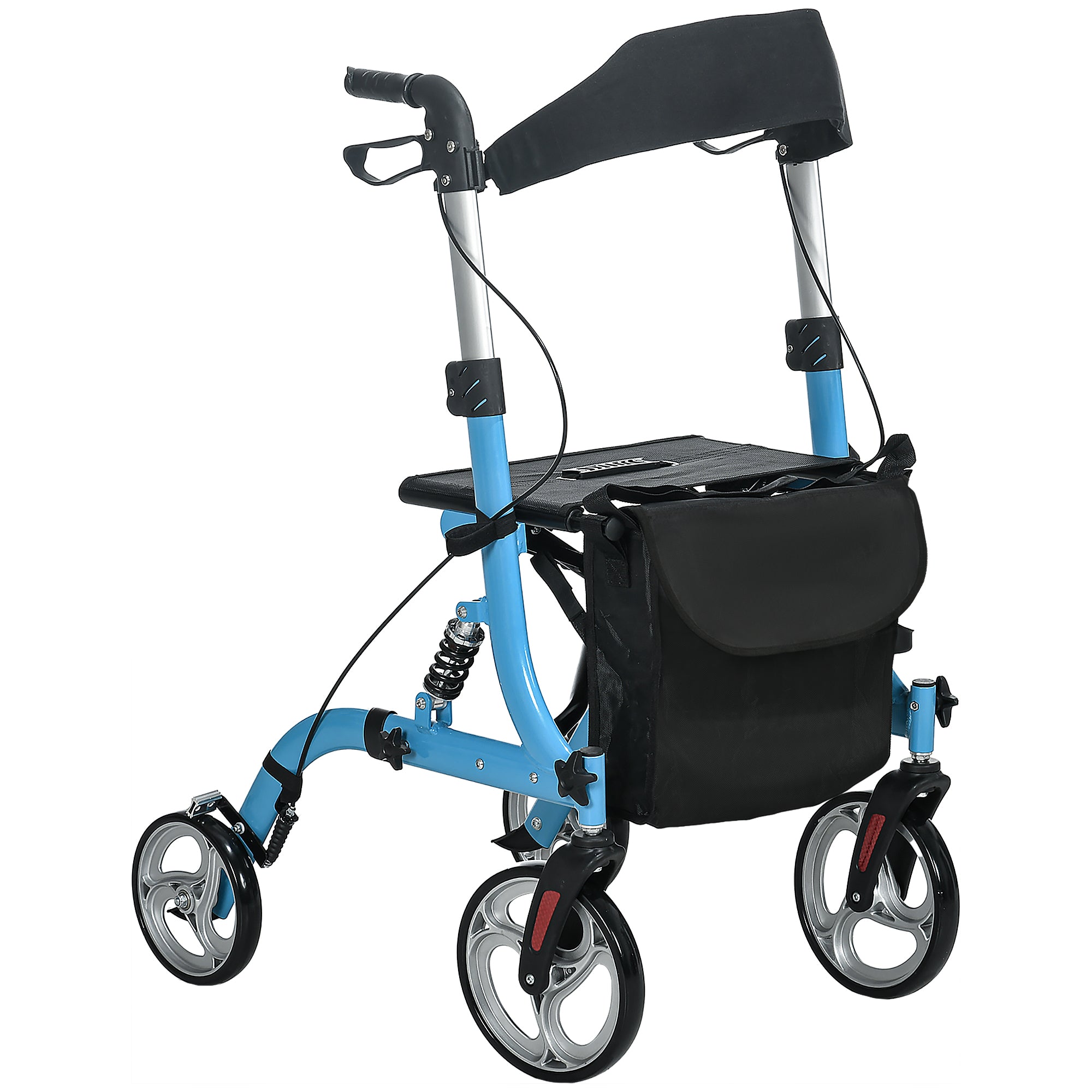 HOMCOM 4 Wheel Rollator with Seat and Back, Lightweight Folding Mobility Walker with Large Wheels, Carry Bag, Adjustable Height, Aluminium Walking Frame with Dual Brakes for Seniors, Blue - North Peak Garden Furniture