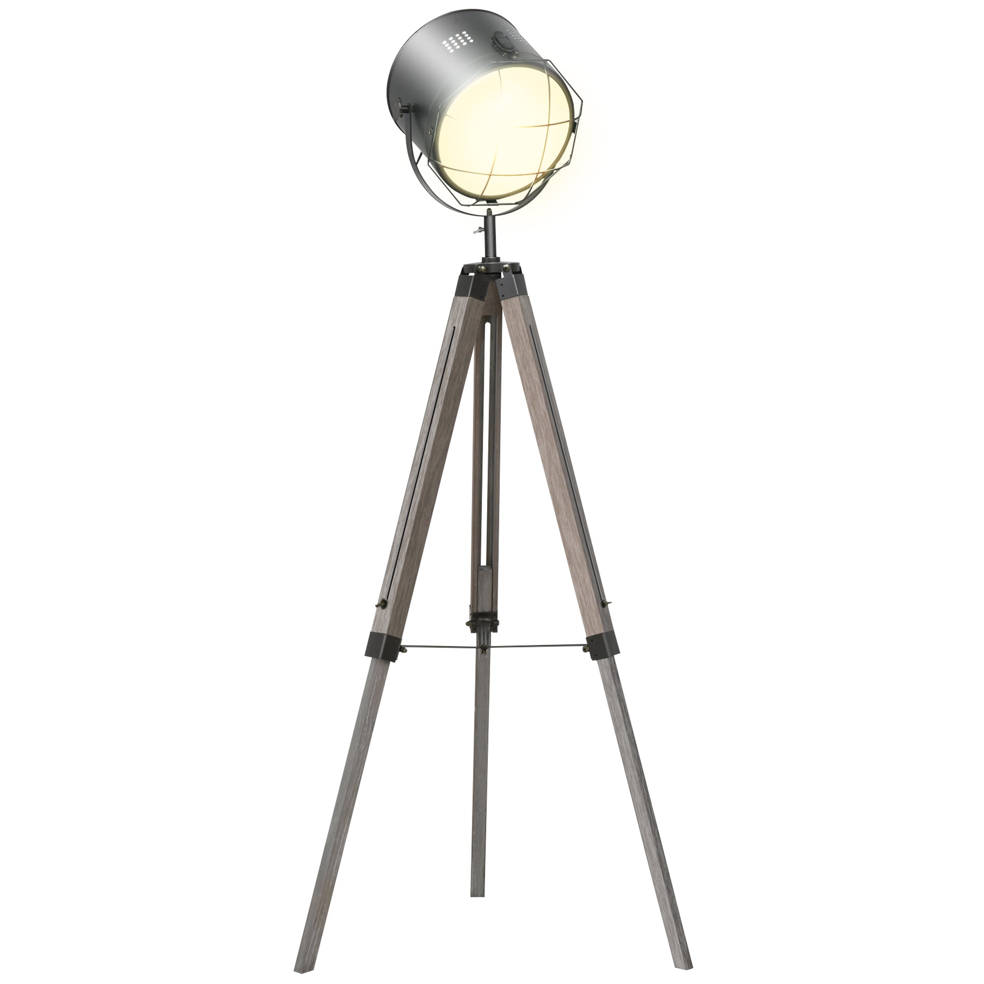 HOMCOM Industrial Style Adjustable Tripod Floor Lamp for Living Room Bedroom, Vintage Spotlight Reading Lamp with Wood Legs, 115-155cm, Grey - North Peak Garden Furniture