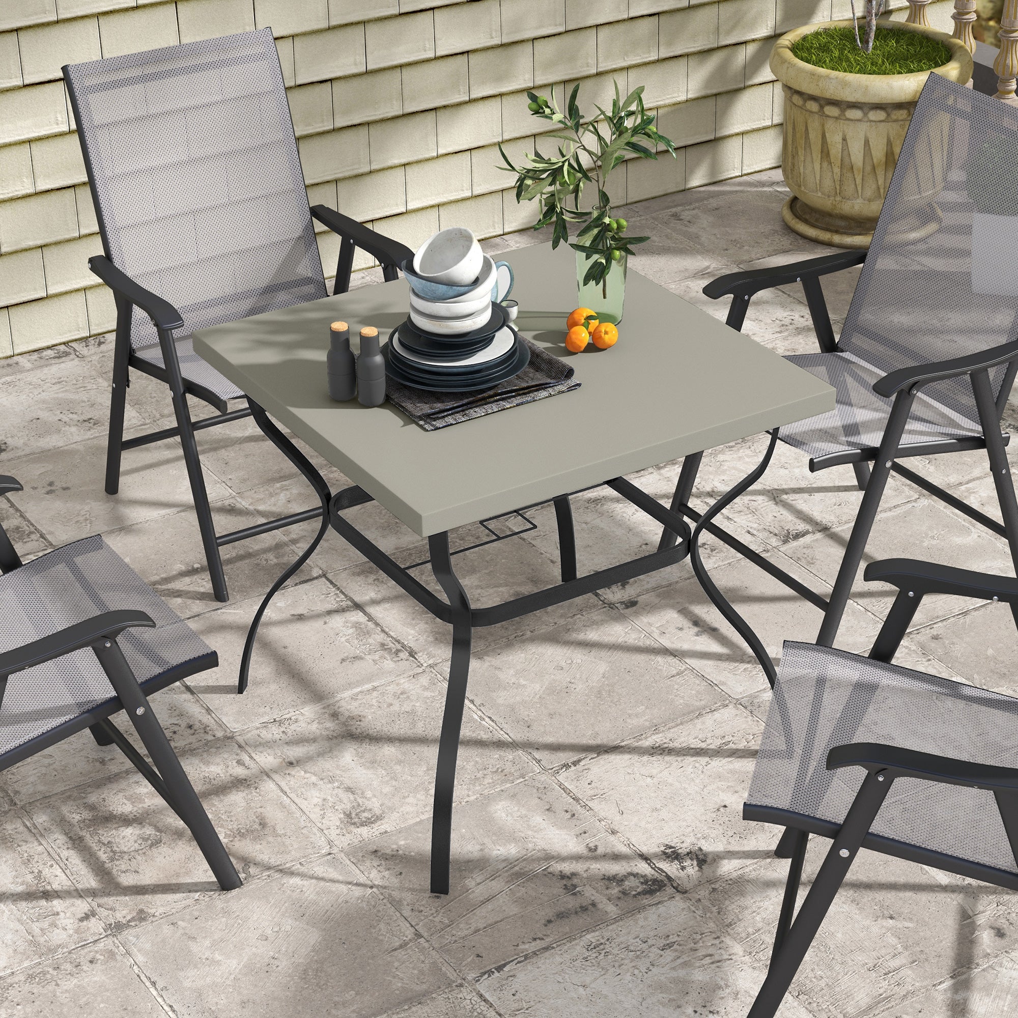 Outsunny Four-Seater Steel Garden Table, with Parasol Hole - Grey/Black - North Peak Garden Furniture