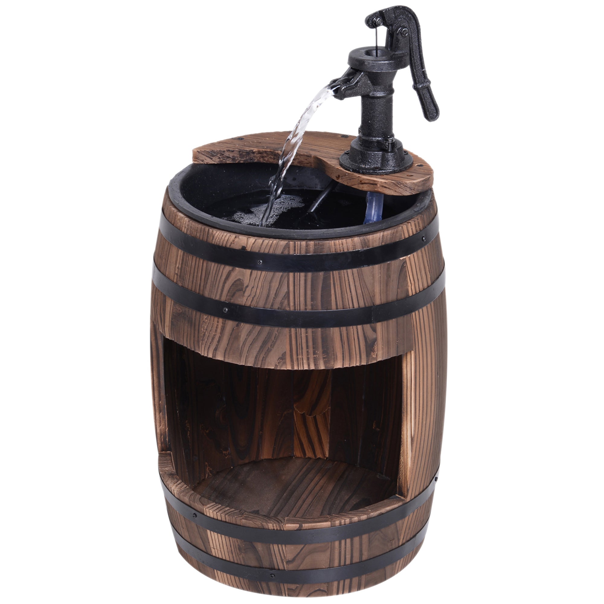 Outsunny Wood Barrel Patio Water Fountain Electric Pump Garden Decorative Ornament with Flower Planter Decor - North Peak Garden Furniture