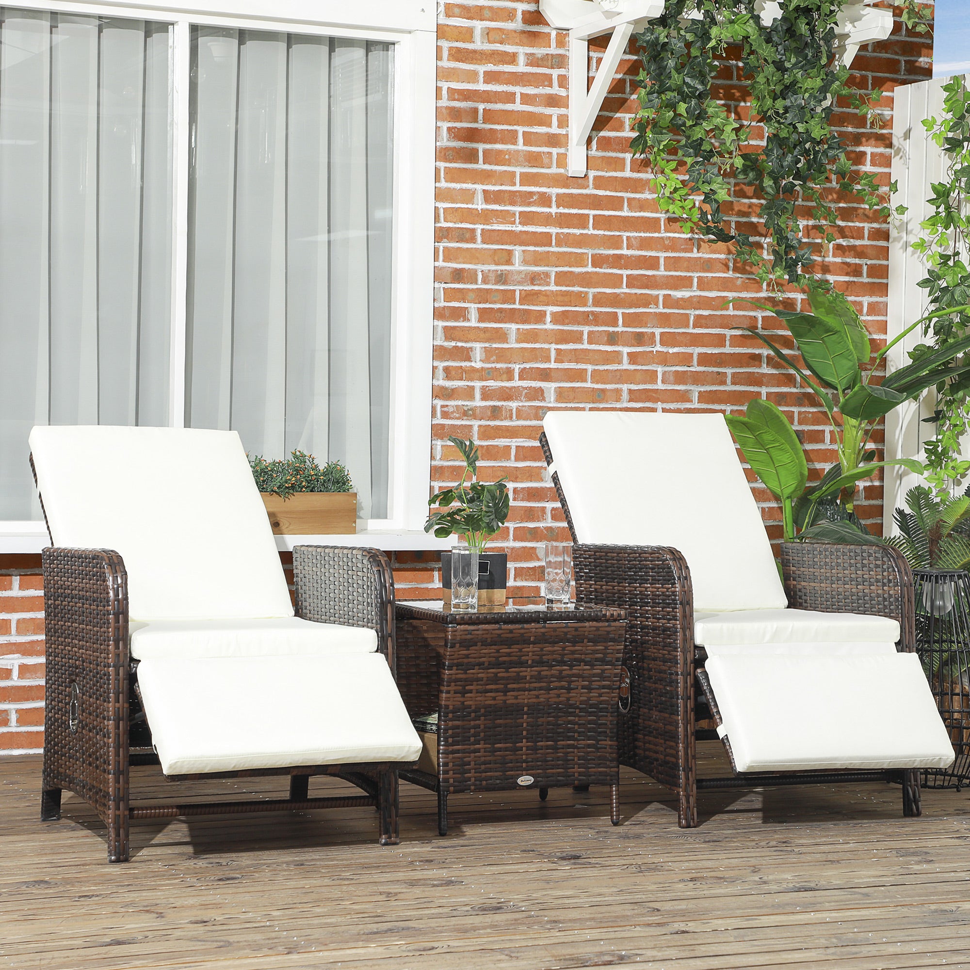 Outsunny 3 Pieces Rattan Bistro Set Balcony Furniture with Cushions, Storage Function - Cream White