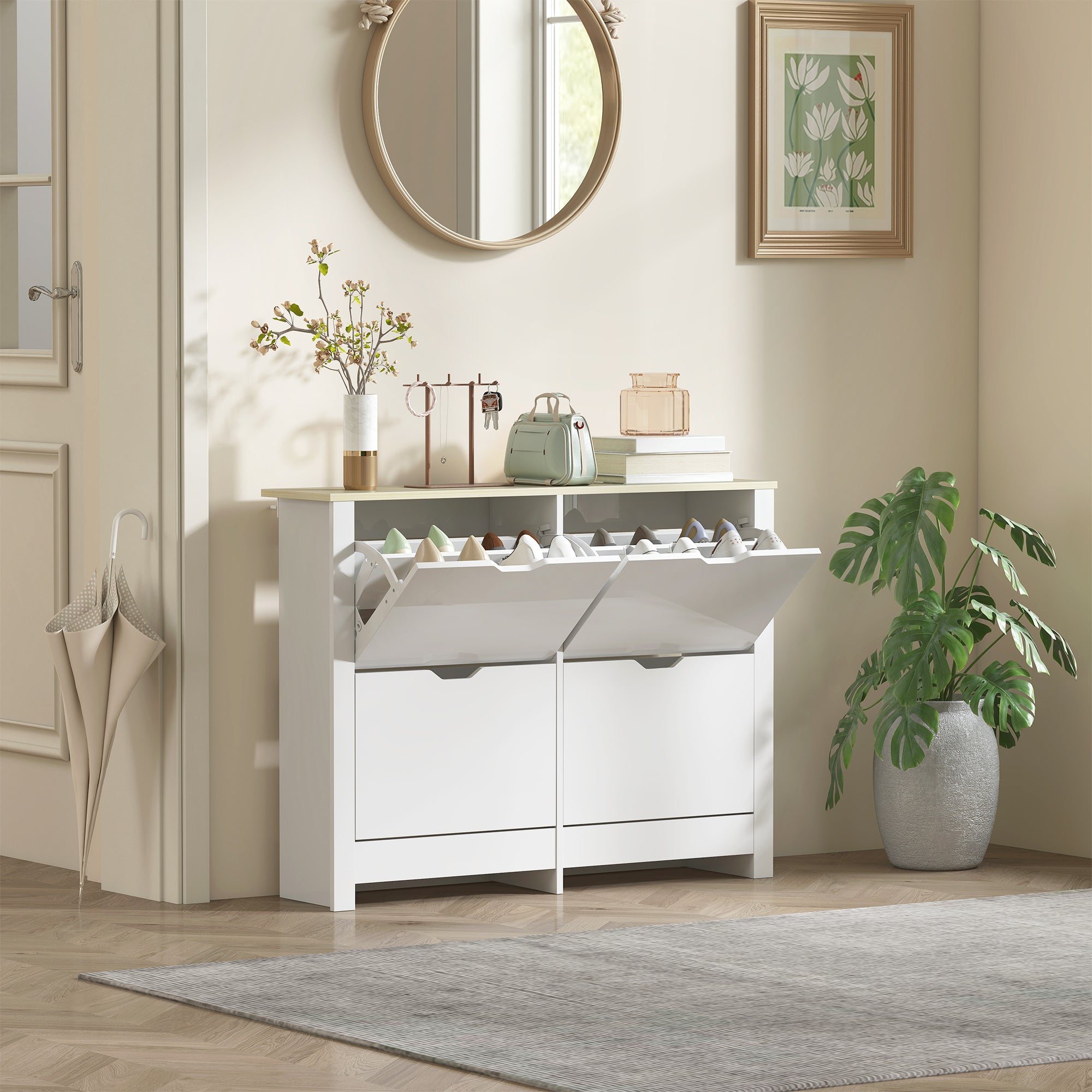 HOMCOM Slim Shoe Cabinet, Narrow Shoe Cupboard with 4 Flip Drawers, Adjustable Shelves for 16 Pairs of Shoes, White