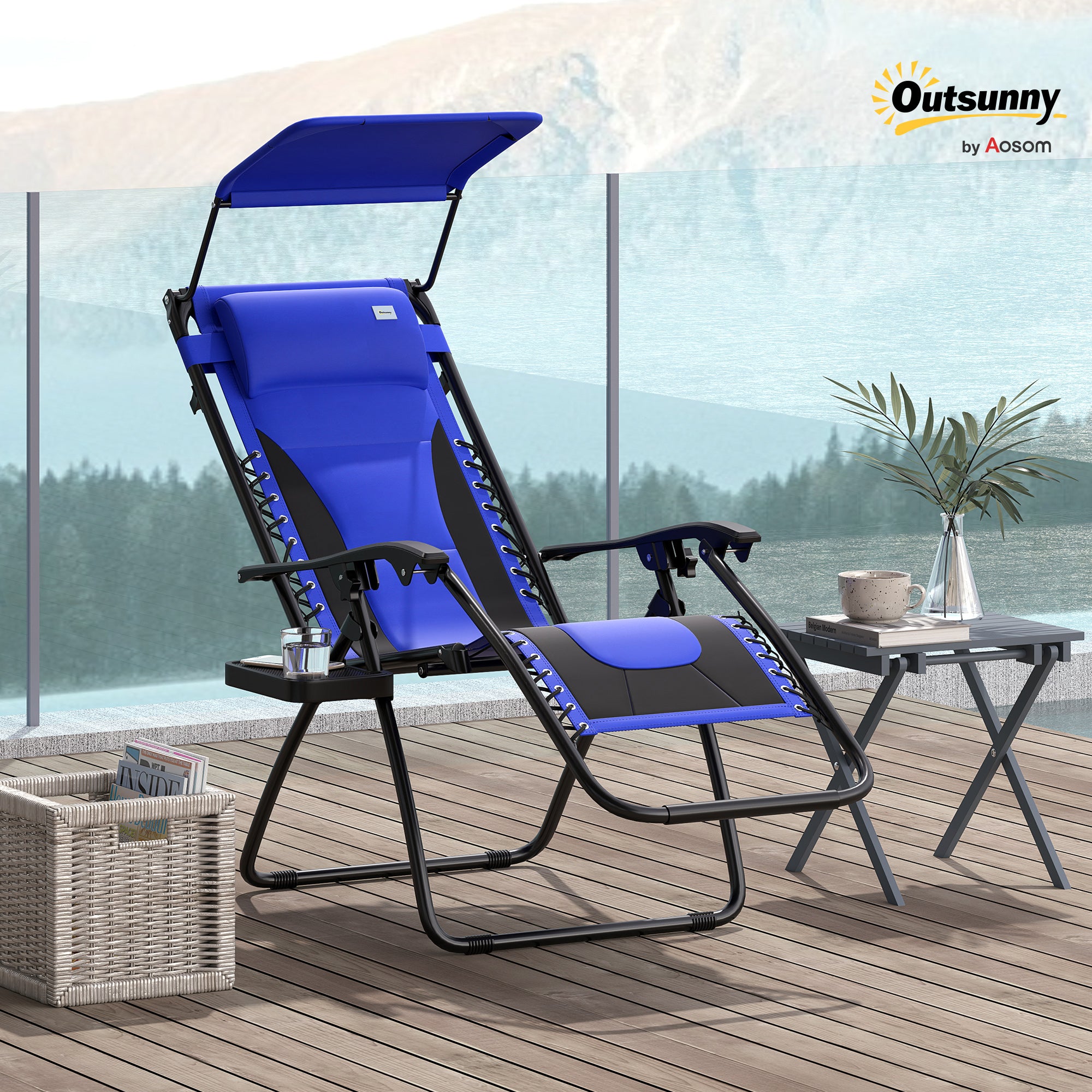 Outsunny Zero Gravity Lounger Chair, Folding Reclining Patio Chair with Shade Cover, Padded Seat, Cup Holder, Soft Cushion and Headrest for Poolside, Camping, Blue - North Peak Garden Furniture