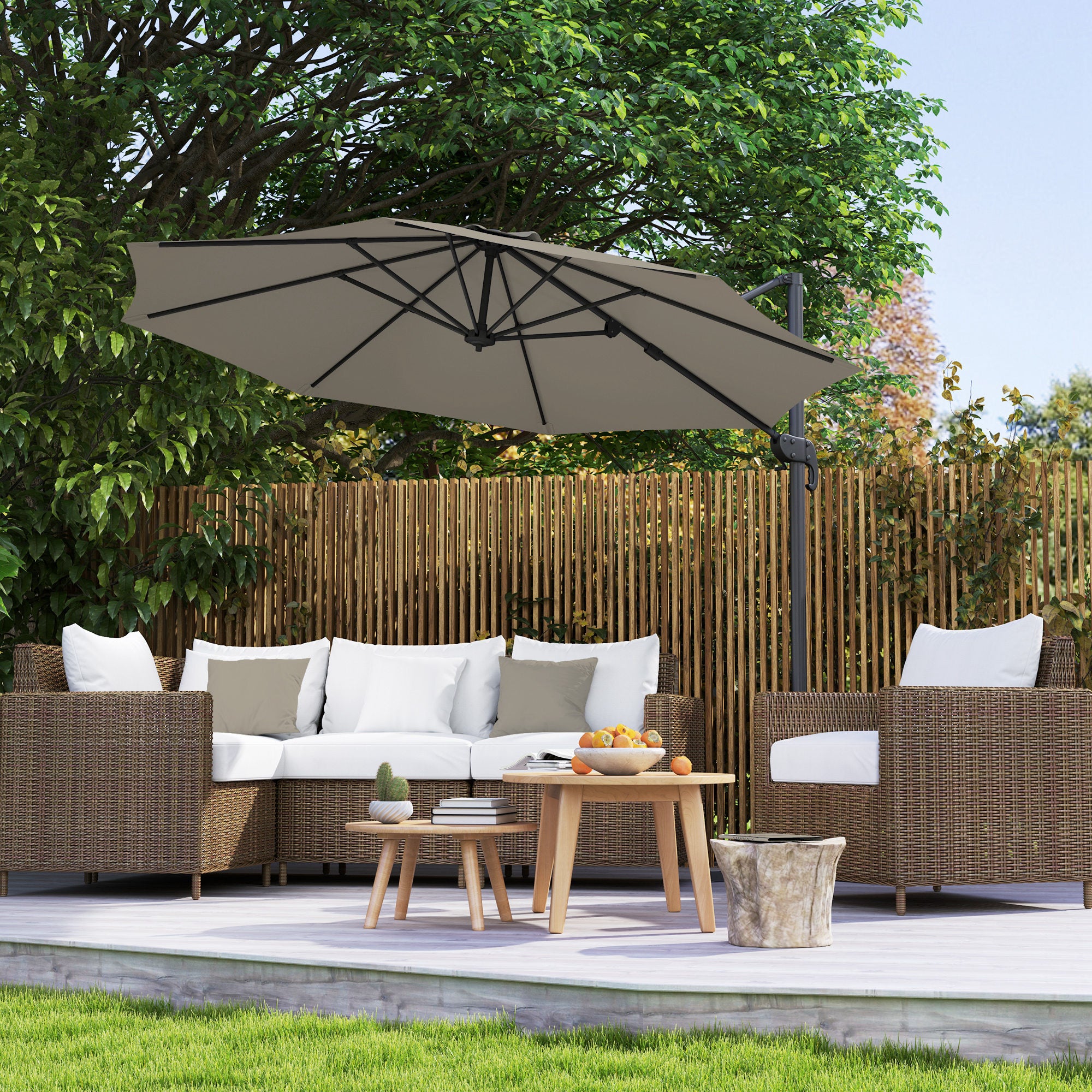 Outsunny 3 x 3(m) Cantilever Parasol with Cross Base, Garden Umbrella with 360° Rotation, Crank Handle and Tilt for Outdoor, Light Grey - North Peak Garden Furniture