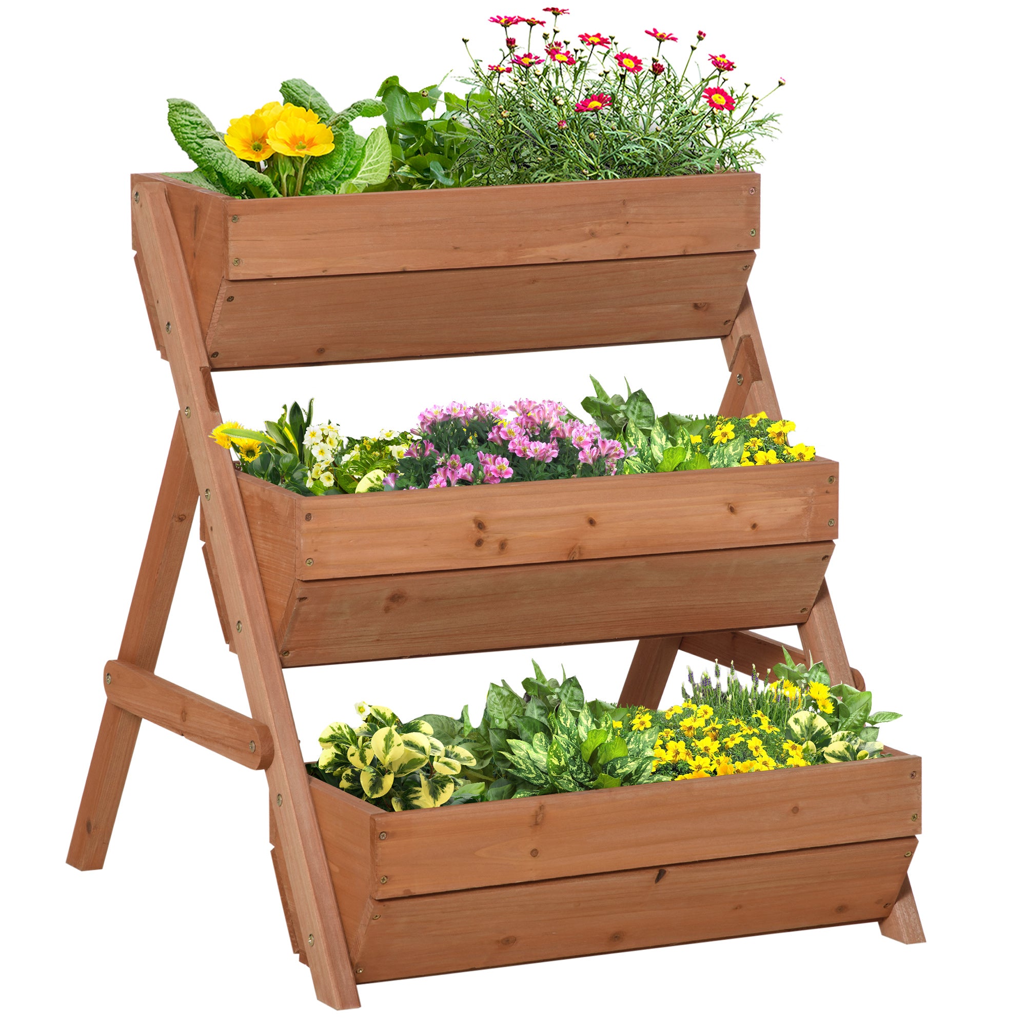 Outsunny 3 Tier Raised Garden Bed Wooden Elevated Planter Box Kit, 66L for Flower, Vegetable, Herb, 65x75x78cm, Brown - North Peak Garden Furniture