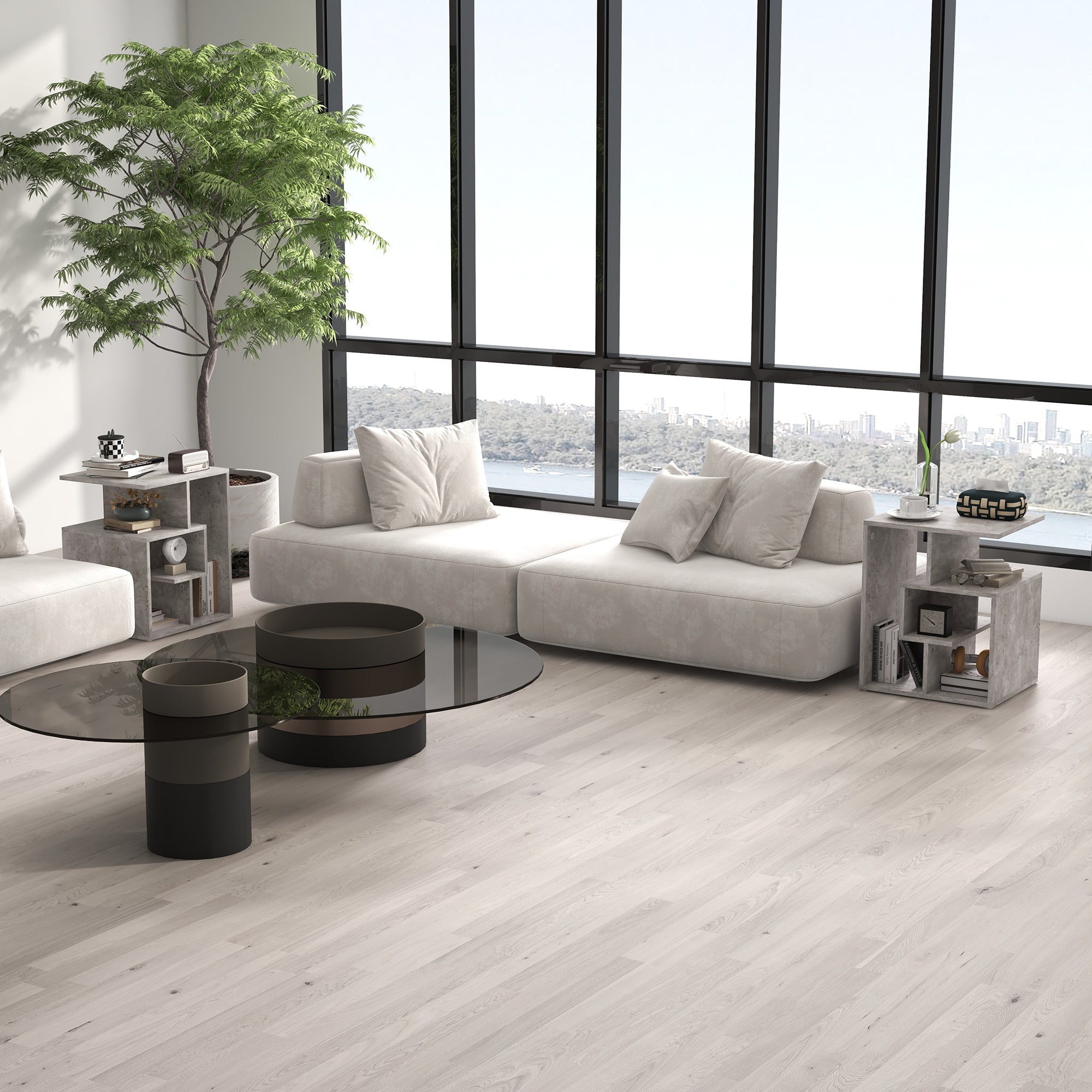 HOMCOM Side Table, 3 Tier End Table with Open Storage Shelves, Living Room Coffee Table Organiser Unit, Set of 2, Cement Colour - North Peak Garden Furniture