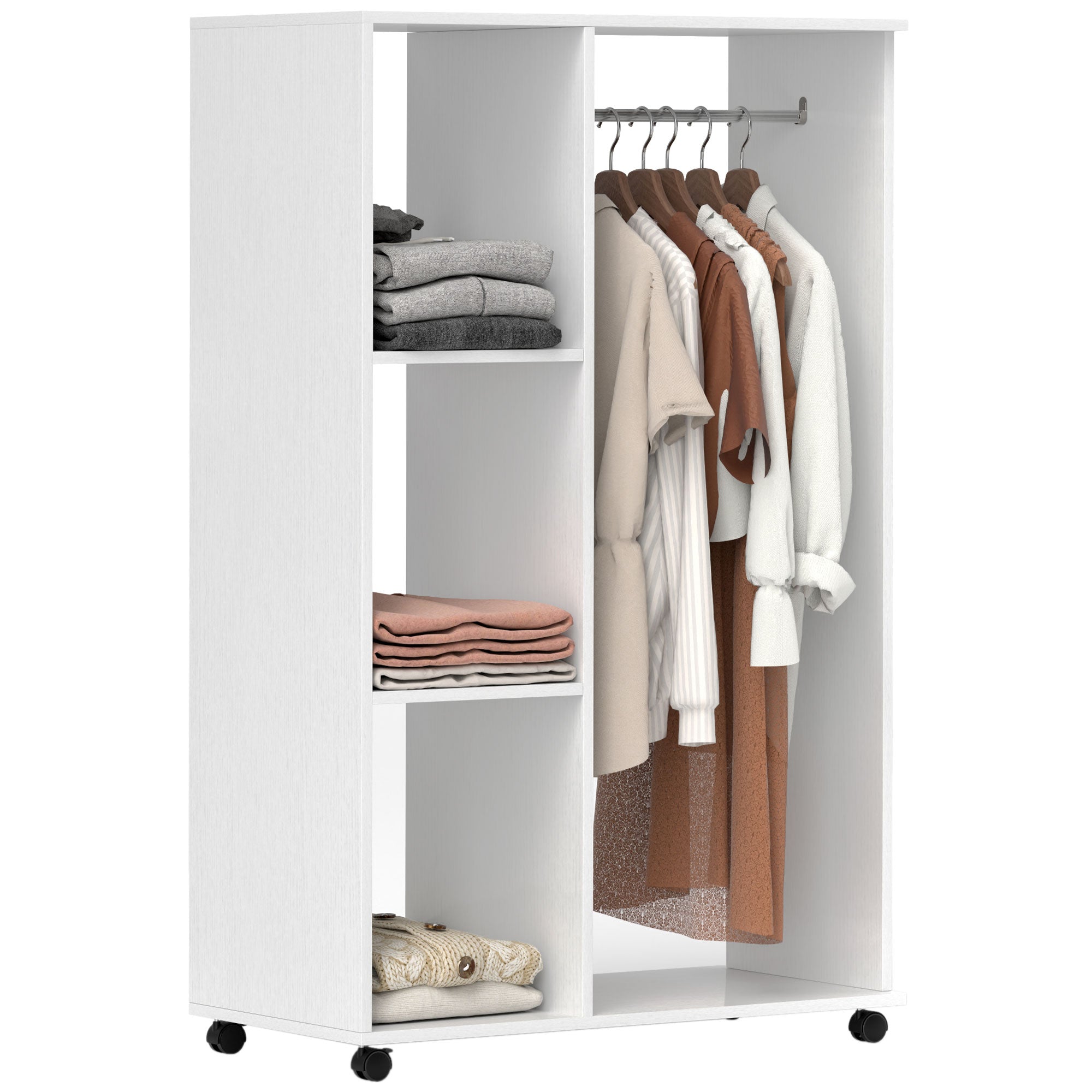 HOMCOM Open Wardrobe on Wheels with Clothes Rail, Bedroom Clothes Storage with Hanging Rod, 3 Storage Shelves, Mobile Garment Rack for Cloakroom, Hallway, White - North Peak Garden Furniture