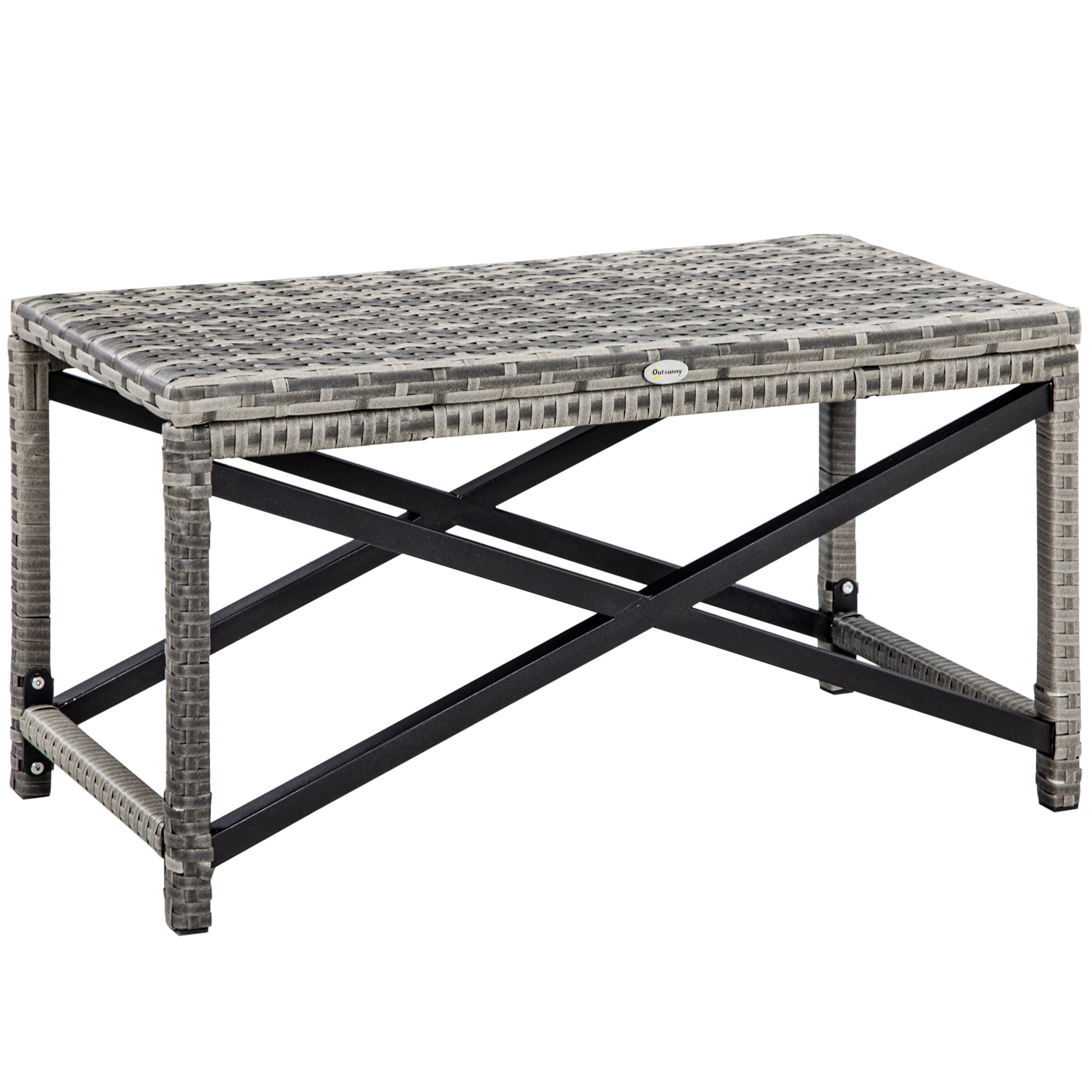 Outsunny Outdoor Coffee Table, Garden PE Rattan Side Table with Plastic Board Under the Full Woven Table Top and X-Shape Frame for Patio, Balcony, Mixed Grey - North Peak Garden Furniture