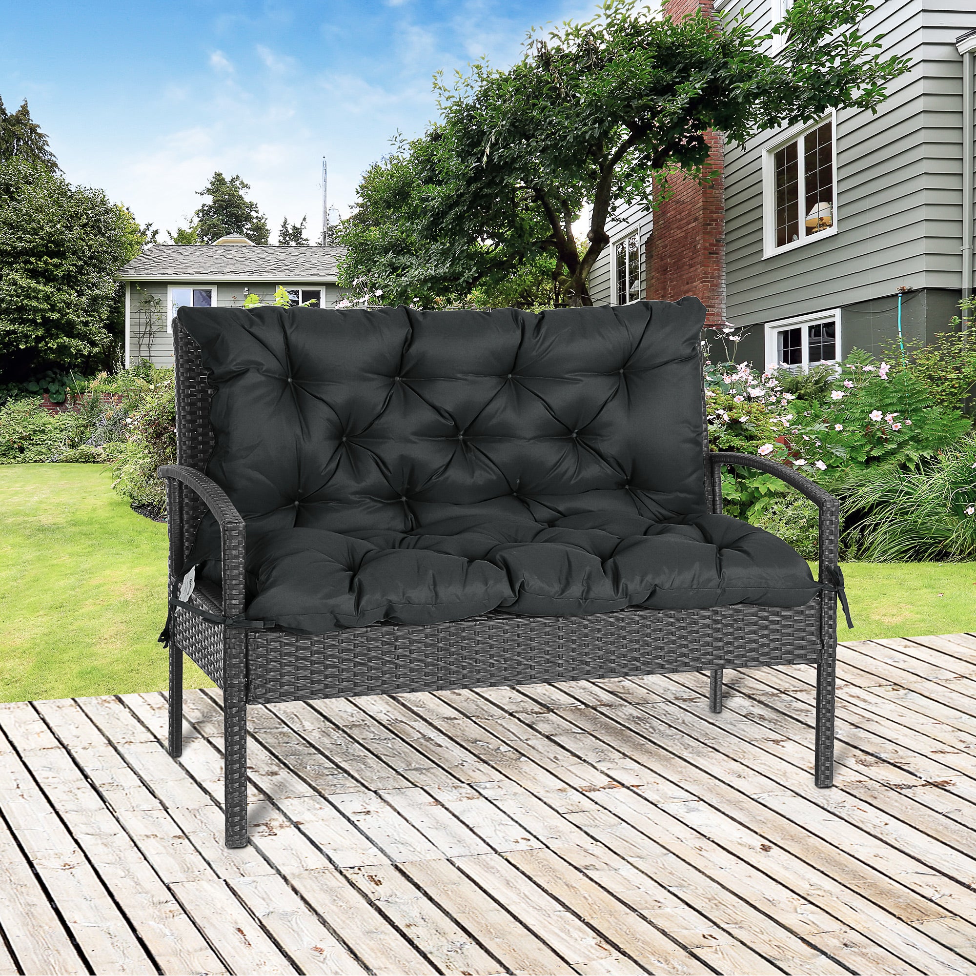 Outsunny 2 Seater Bench Cushion, Garden Chair Cushion with Back and Ties for Indoor and Outdoor Use, 98 x 100 cm, Black - North Peak Garden Furniture