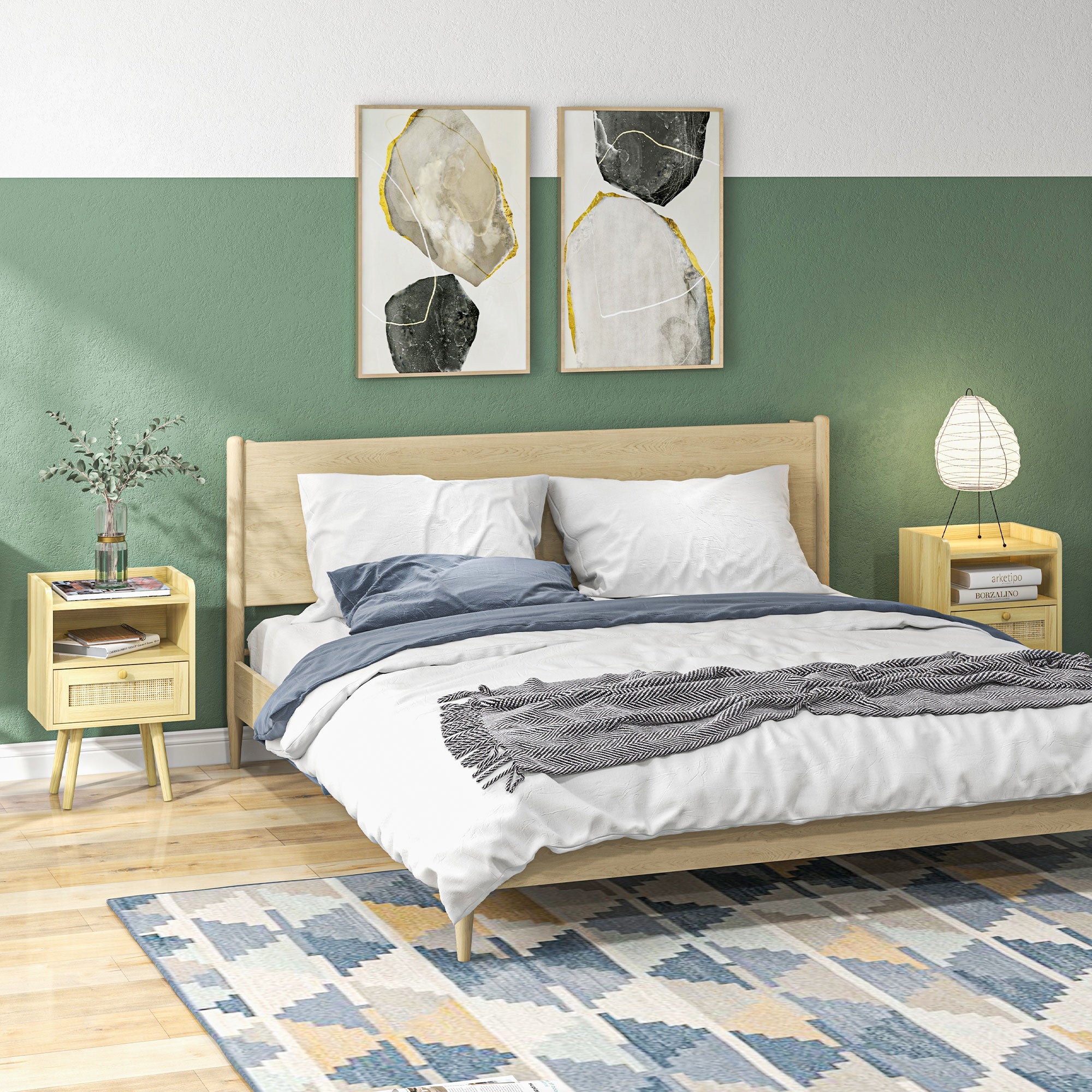 HOMCOM Set of Two Rattan Weave Bedside Tables - Wood Effect - North Peak Garden Furniture