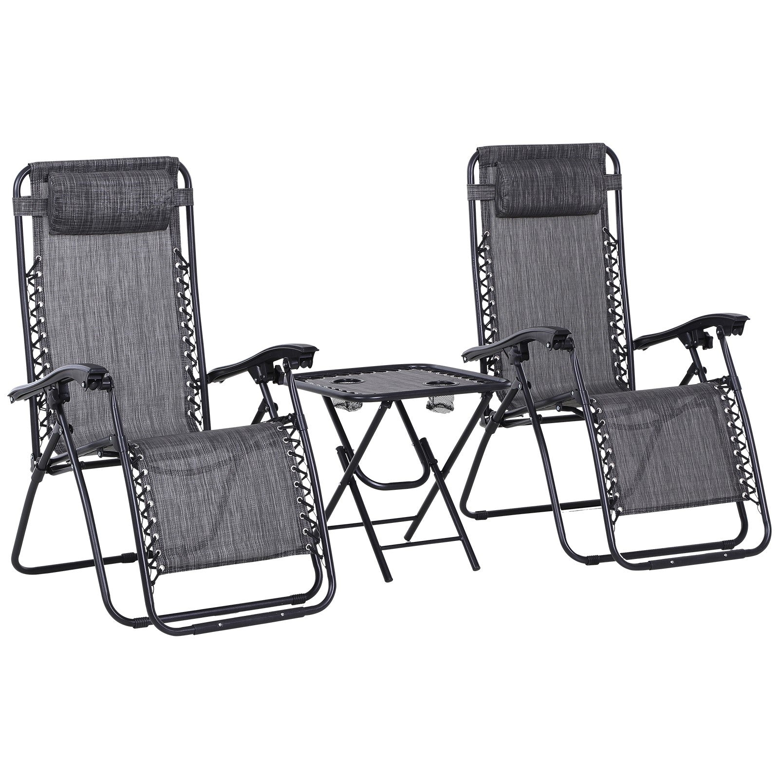 Outsunny 3pcs Folding Zero Gravity Chairs Sun Lounger Table Set w/ Cup Holders Reclining Garden Yard Pool, Light Grey - North Peak Garden Furniture