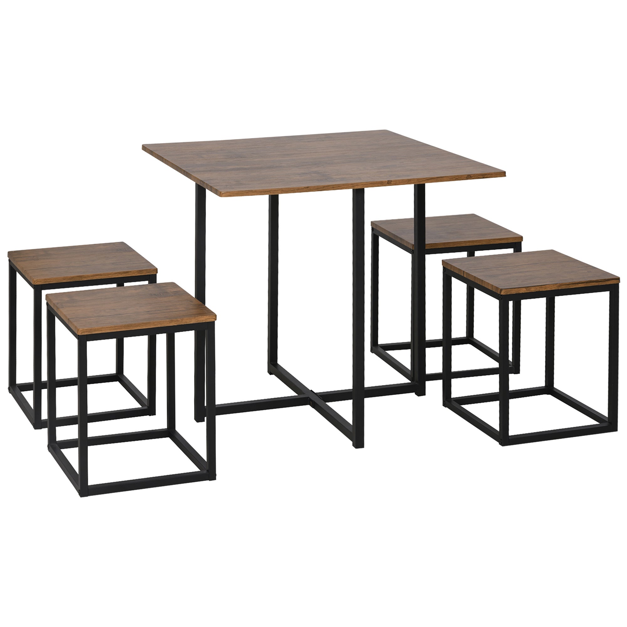 HOMCOM 5 Piece Dining Table and Chairs Set 4, Industrial Space Saving Table and Chairs with Metal Frame, Square Kitchen Table and Stools for Dining Room, Brown - North Peak Garden Furniture