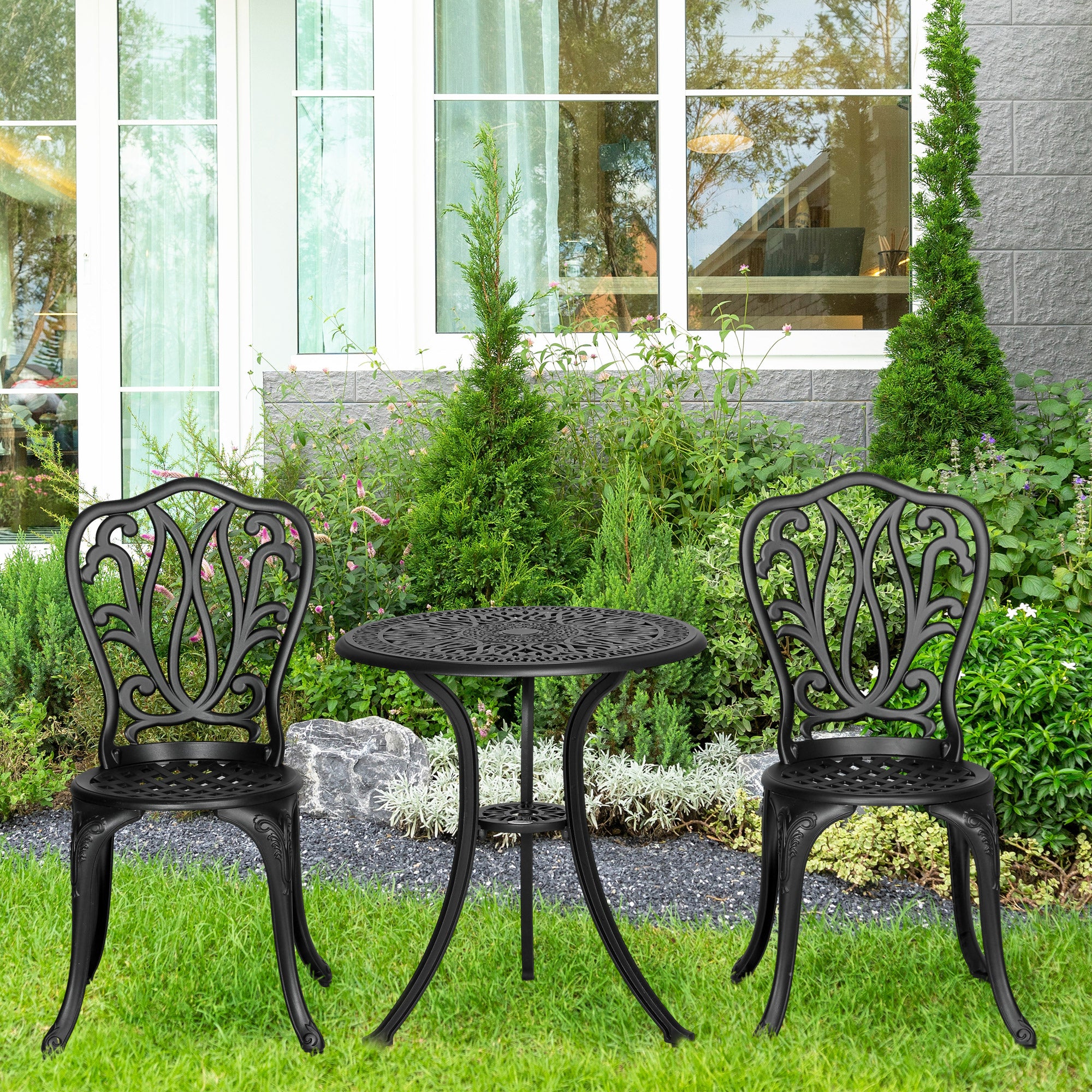 Outsunny 3 Piece Garden Bistro Set, Cast Aluminium Outdoor Furniture Set with Umbrella Hole for Balcony, Porch, Patio, Black - North Peak Garden Furniture