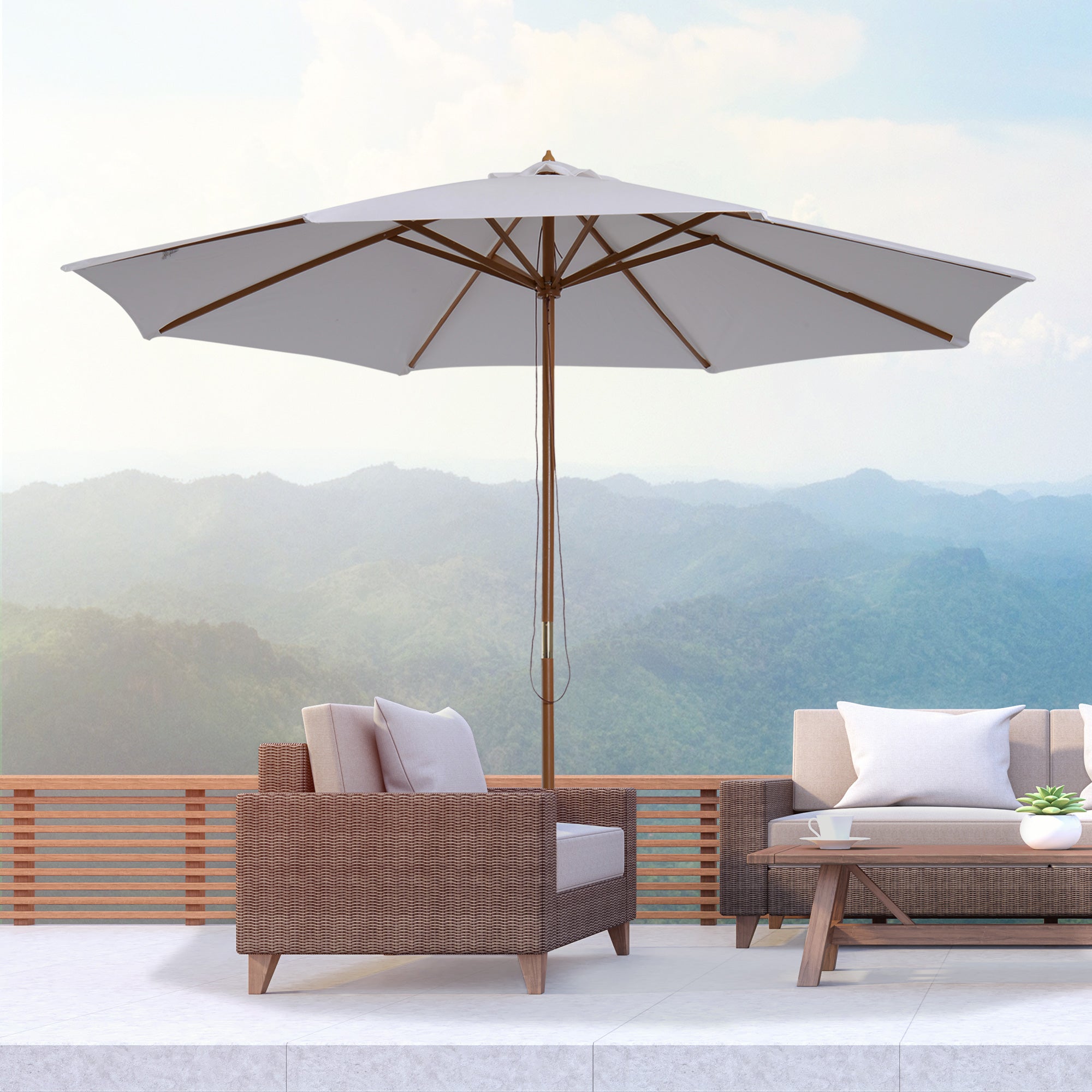 Outsunny 3(m) Garden Parasol, Pulley Operated Patio Umbrella, Wooden Table Market Umbrella with Rope Pulley Mechanism and 8 Ribs, Cream White - North Peak Garden Furniture