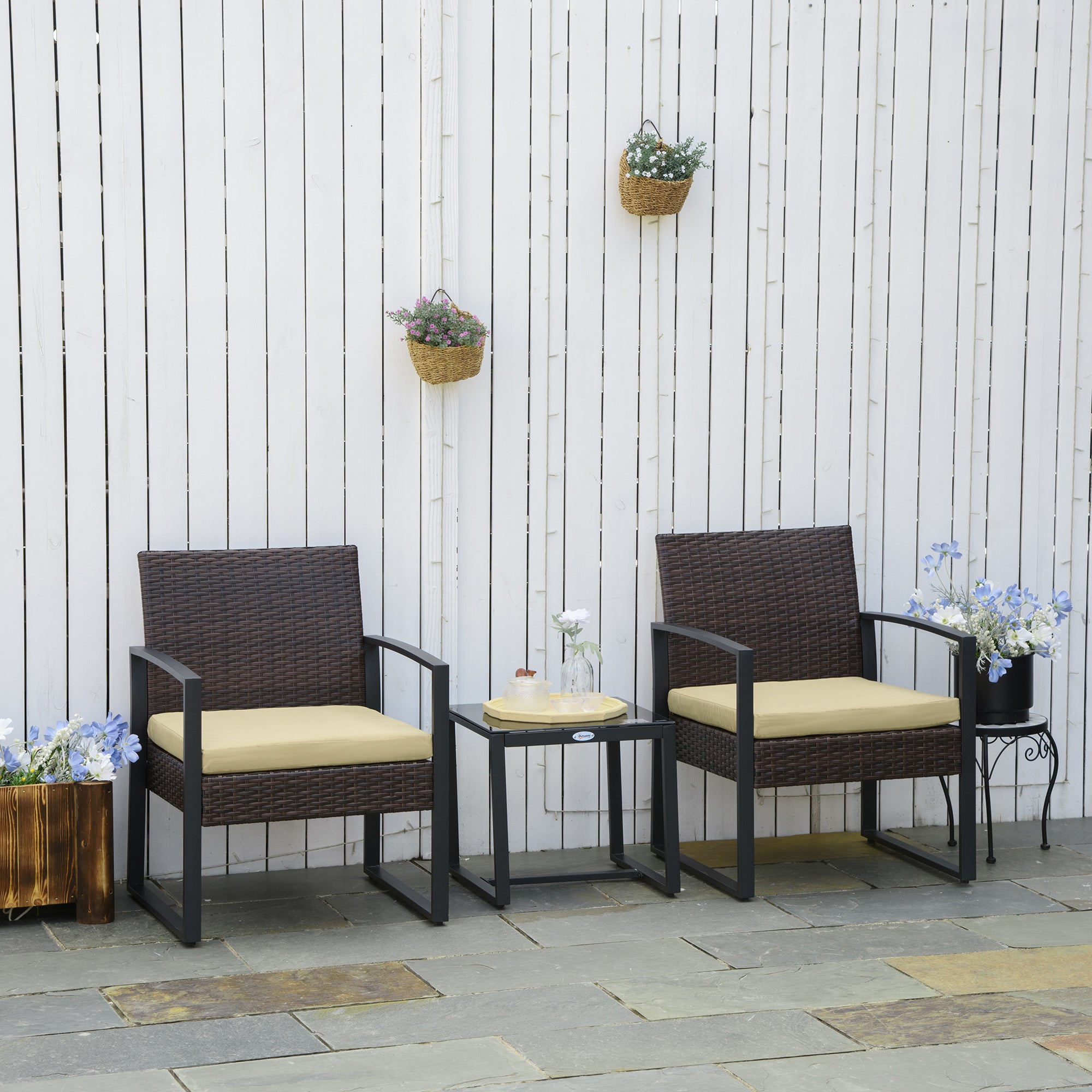 Outsunny 3 pcs PE Rattan Wicker Garden Furniture Patio Bistro Set Weave Conservatory Sofa Coffee Table and Chairs Set Beige - North Peak Garden Furniture