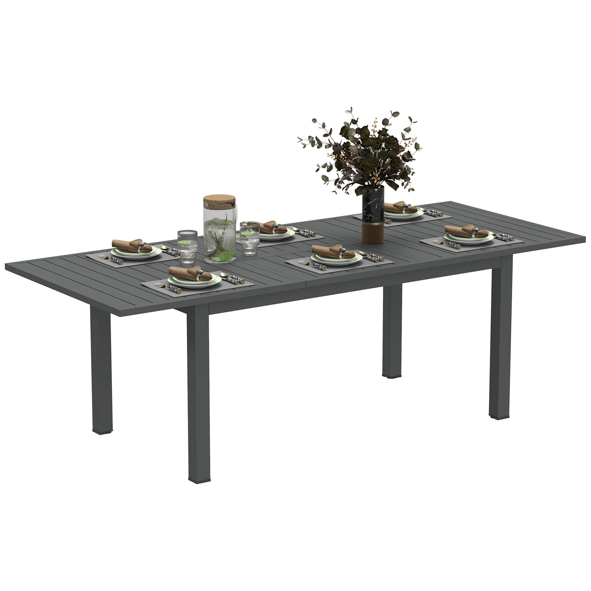 Outsunny Aluminium Extending Garden Table with Slatted Top for 6-8 Person, 160/220 x 90 x 73 cm, Grey - North Peak Garden Furniture