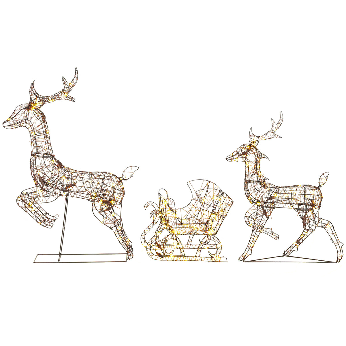 Outsunny 3-Piece Lighted Reindeer and Sleigh Set, PP Rattan Outdoor Christmas Decoration with LEDs, 8 Modes, Daily Timer