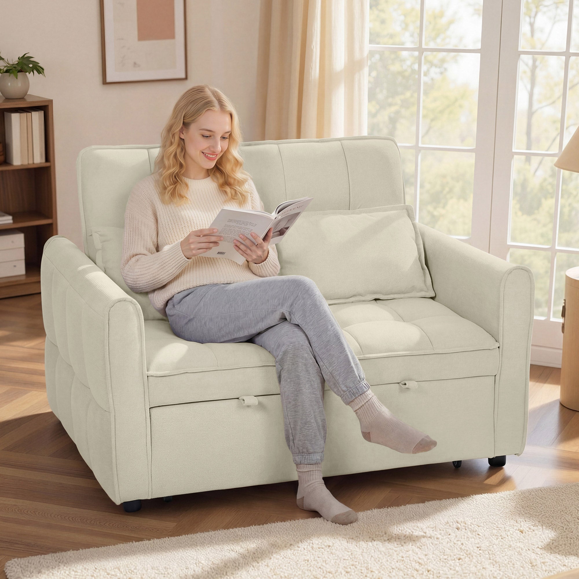 HOMCOM 2 Seater Sofa Bed, 3-in-1 Convertible Sleeper Sofa with Click-clack Adjustable Backrest and 2 Pillows, Light Brown