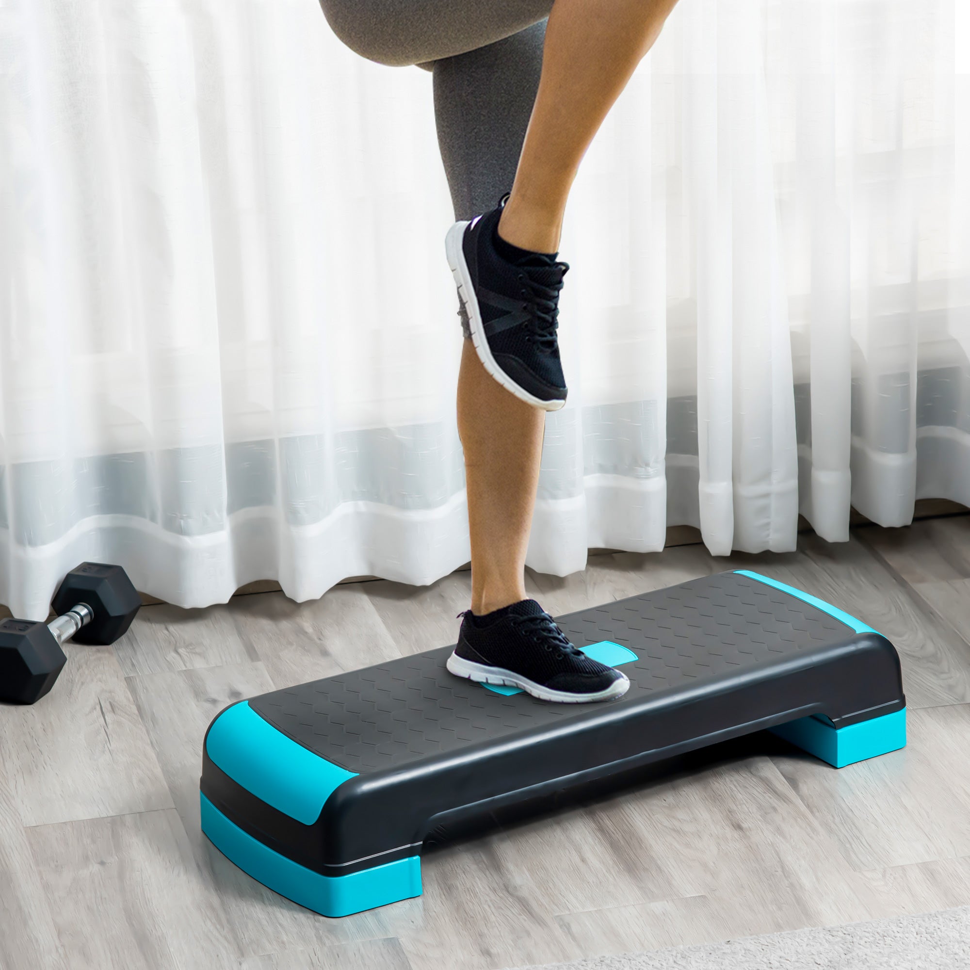 HOMCOM Aerobic Step with 3-Level Adjustable Heights for Home, Office Exercise, Black and Blue - North Peak Garden Furniture