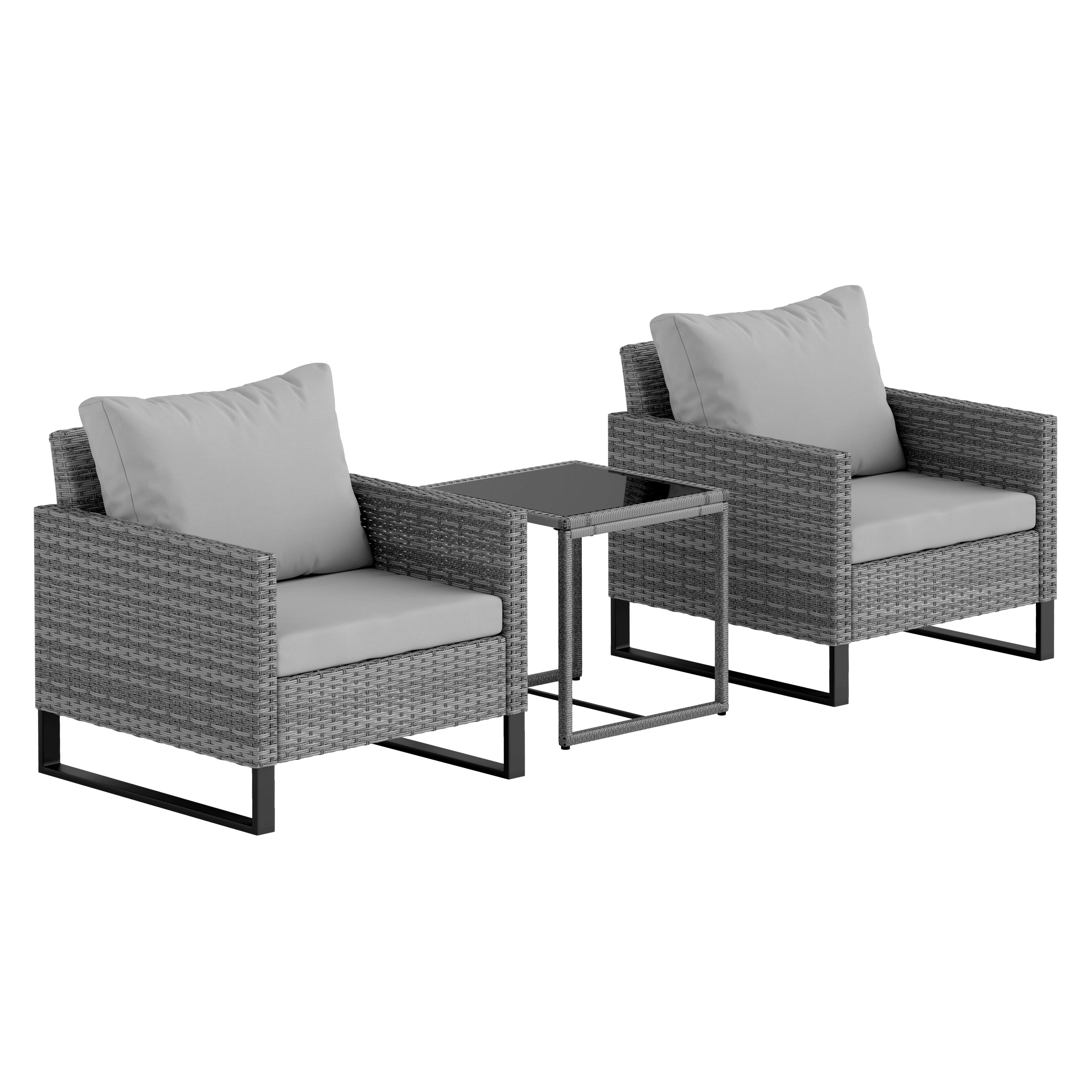 Outsunny 3 Pieces Rattan Bistro Set with 4 Cushions, Wicker Garden Furniture Set, Glass Top Coffee Table and Chairs for Outdoor Patio, Balcony, Terrace and Conservatory, Grey - North Peak Garden Furniture