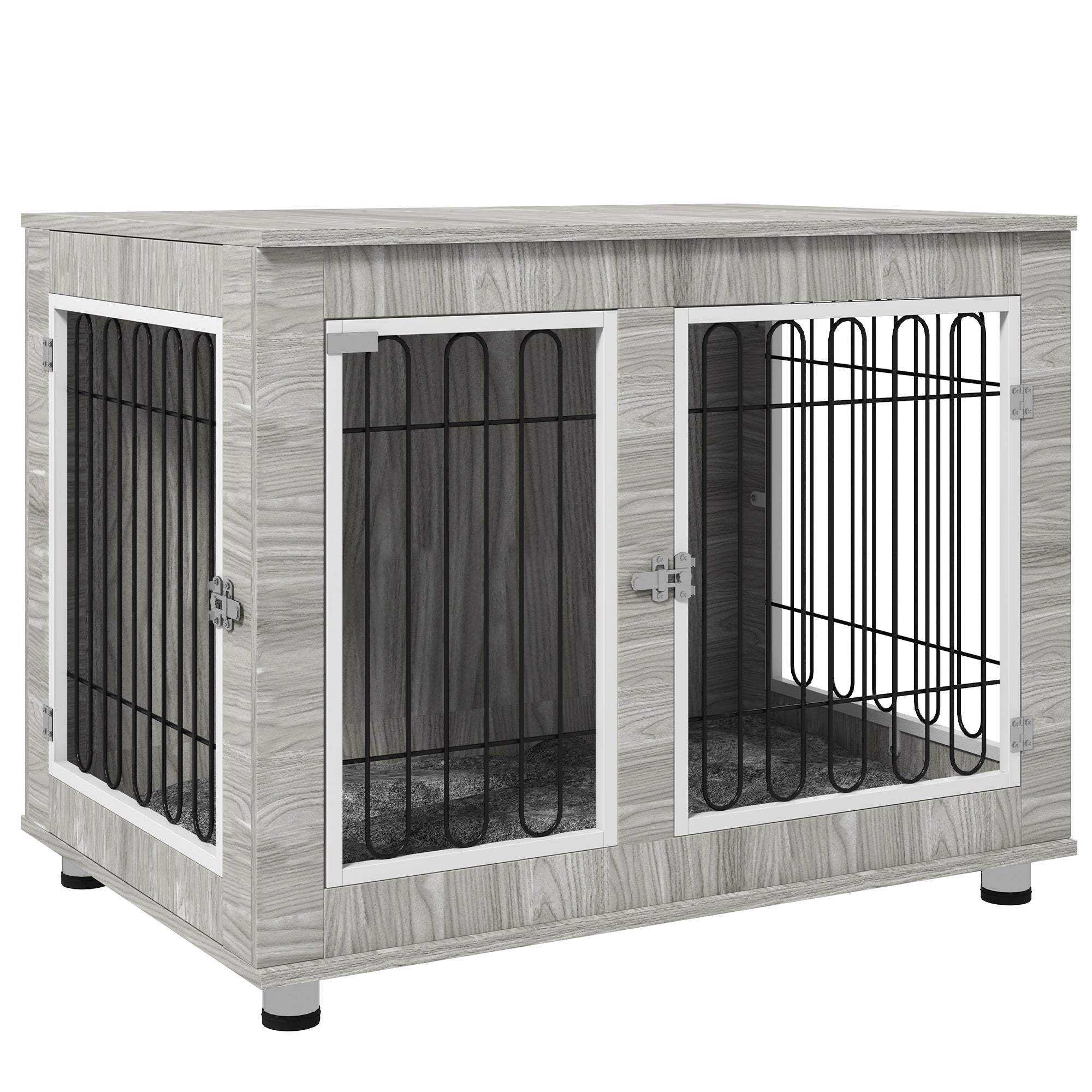 PawHut Indoor Dog Kennel w/ Soft Cushion, Double Door for Large Dogs, 106 x 74 x 81.5cm, Grey - North Peak Garden Furniture
