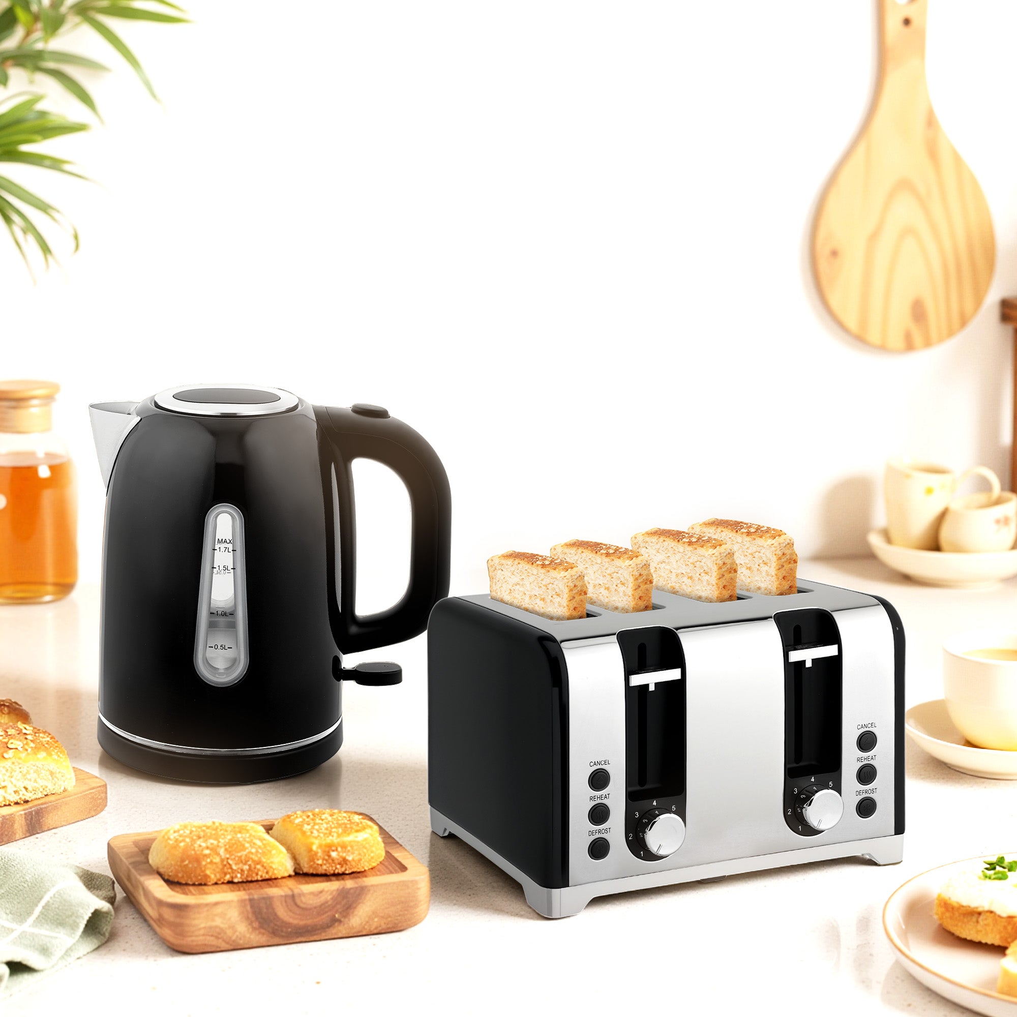 HOMCOM Kettle and Toaster Set, 1.7L 3000W Rapid Boil Jug Kettle with Strix Thermostat, Limescale Filter, 4 Slice Toaster with 7 Browning Controls, Crumb Tray, Black