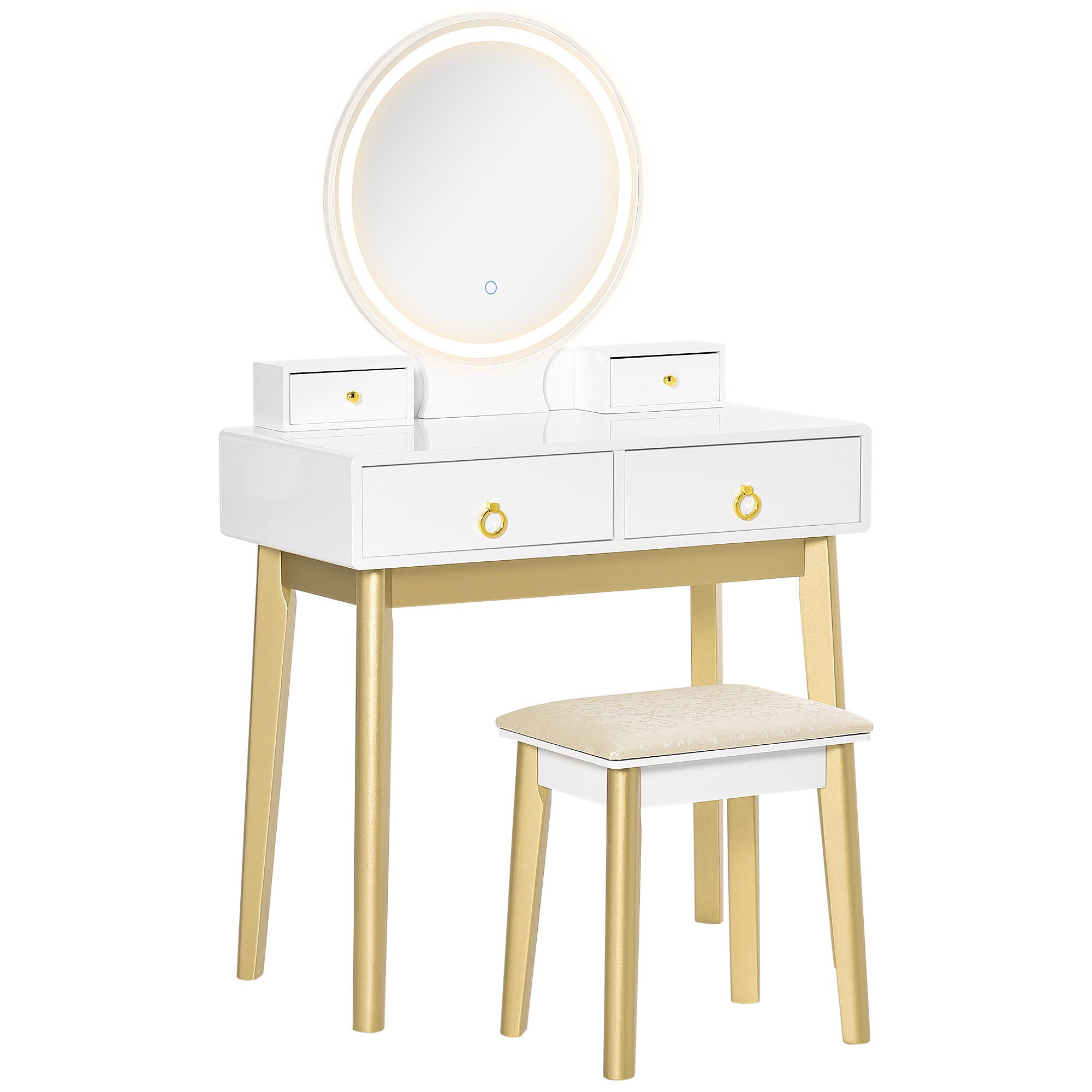 HOMCOM Dressing Table Set with Mirror, Built-in 3 Color LED Light, Vanity Makeup Table with 4 Drawers and Cushioned Stool for Bedroom, White - North Peak Garden Furniture