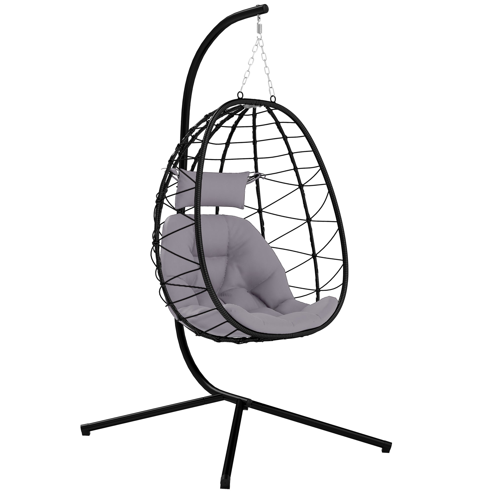 Outsunny Hanging Egg Chair Outdoor Indoor Garden Swing Chair with Folding Basket, Thickened Cushion, Garden Hanging Chair with Stand, Headrest for Patio, Balcony, Grey - North Peak Garden Furniture