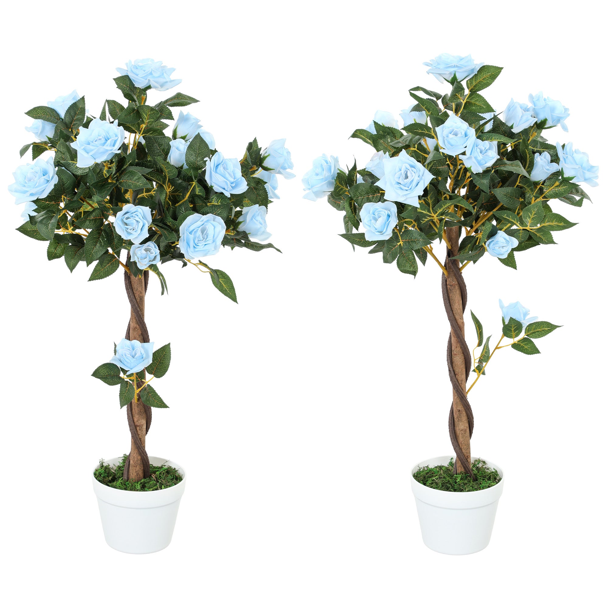 Outsunny Set of 2 Artificial Plants White Rose Floral in Pot, Fake Plants for Home Indoor Outdoor Decor, 90cm, Light Blue - North Peak Garden Furniture