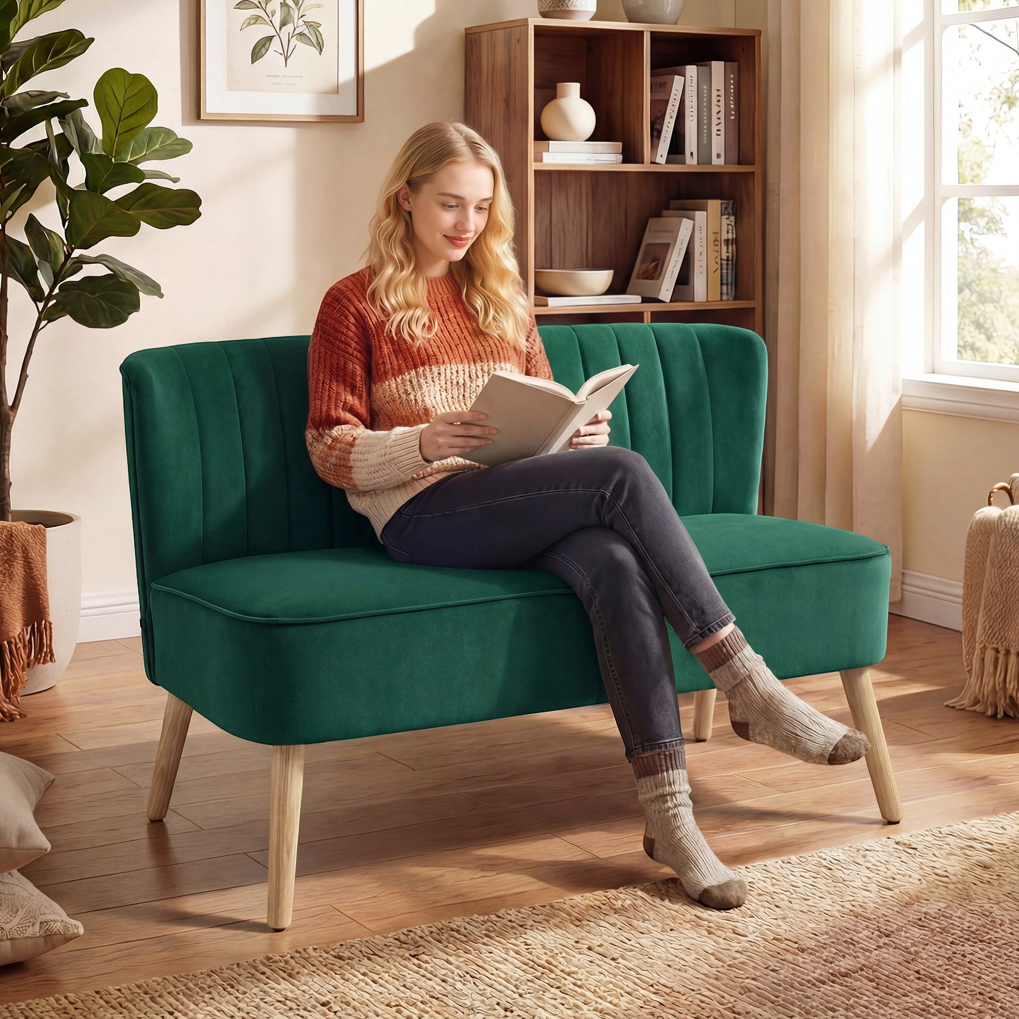 HOMCOM 46" Loveseat Sofa Upholstered Small 2 Seater Sofa with Thick Padded Seat and Rubber Wood Legs, Dark Green