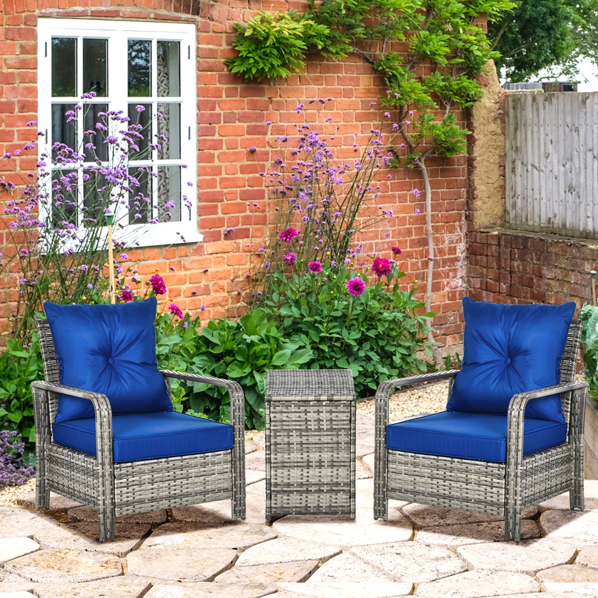 Outsunny 3 Pieces Rattan Bistro Set, Wicker Garden Furniture Set with Storage Coffee Table and Chairs, Thickened Cushions for Outdoor, Patio, Balcony, Blue - North Peak Garden Furniture