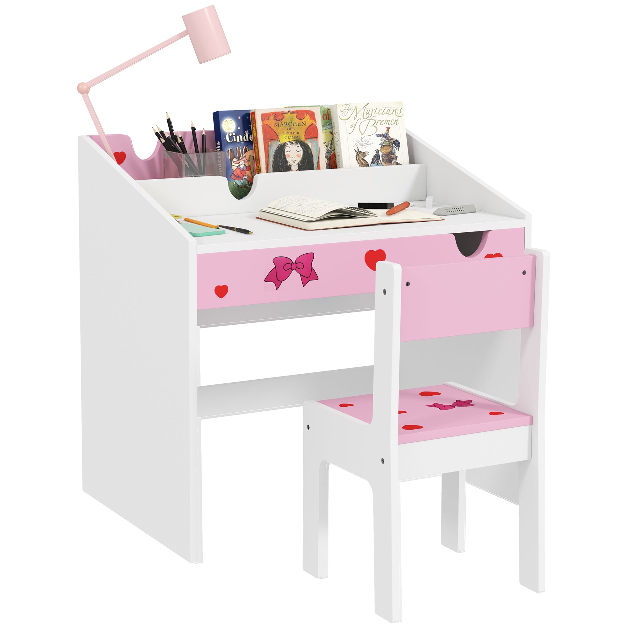 AIYAPLAY Children Study Table and Chair, Kids Desk and Chair Set with Storage, Pull-out Drawer, Gift for 3-6 Years Old - Pink - North Peak Garden Furniture