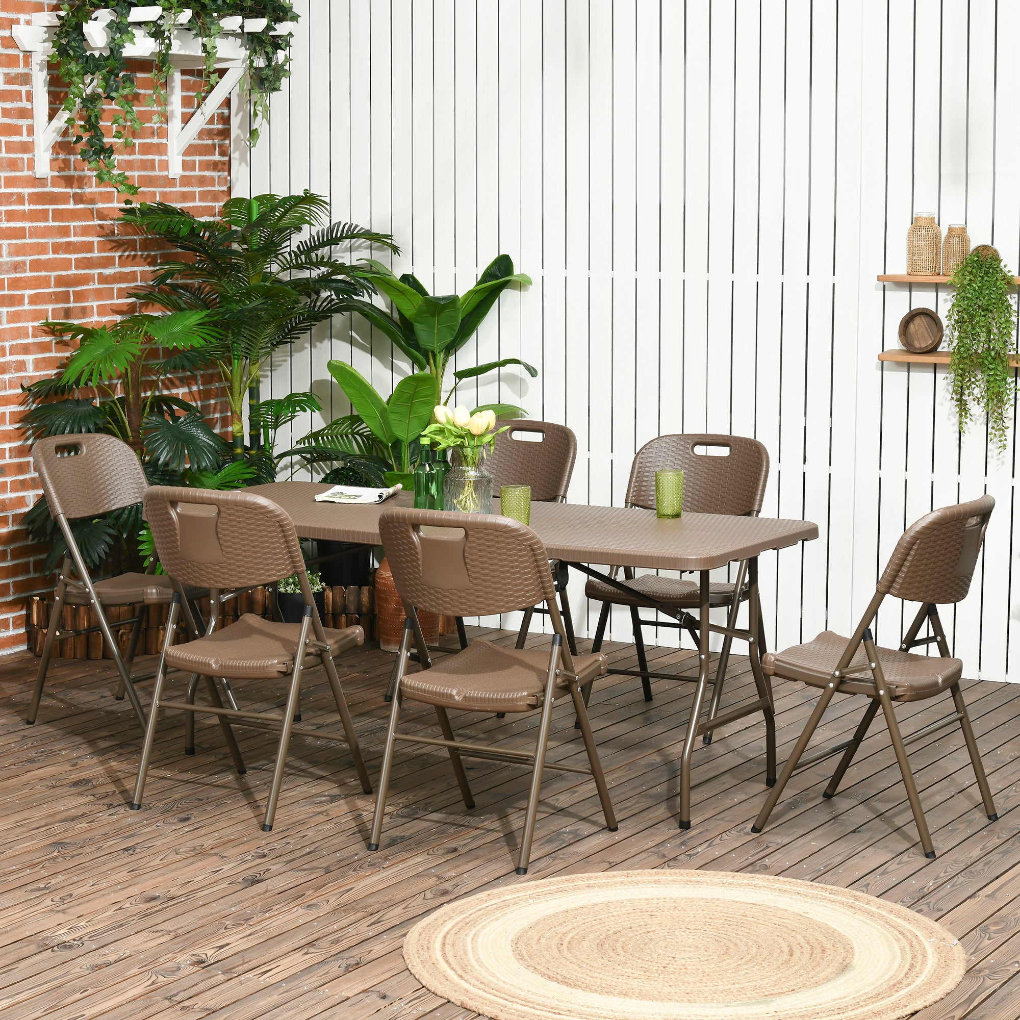 Outsunny 6 Seater Rattan Dining Set, HDPE Molding Rattan Garden Furniture Set, Outdoor Dining Table and Chairs with 6 Armchairs, Rectangular Plastic Top Table for Patio, Balcony, Dark Brown - North Peak Garden Furniture