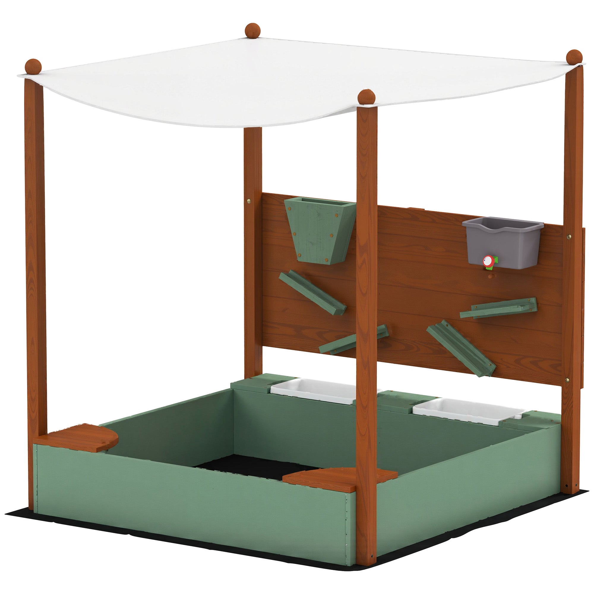 AIYAPLAY Wood Sandpit with Canopy, Storage Bins, Funnel, Liner, Chutes, Bucket with Tap, 116 x 112.5 x 128 cm, Green - North Peak Garden Furniture