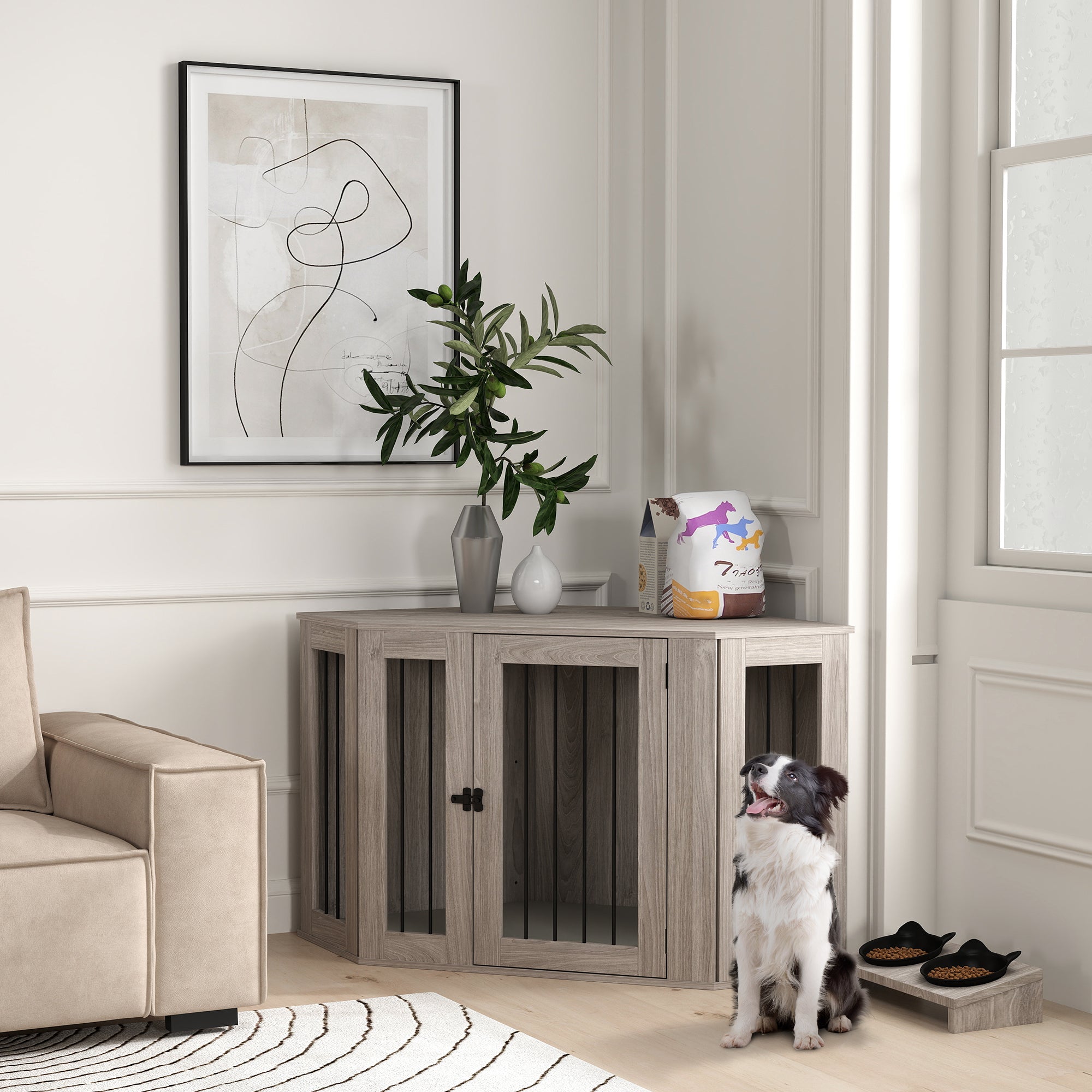 PawHut 2 in 1 Dog Crate Furniture Side Table, with Cushion, 122 x 61 x 71cm - Walnut Brown - North Peak Garden Furniture
