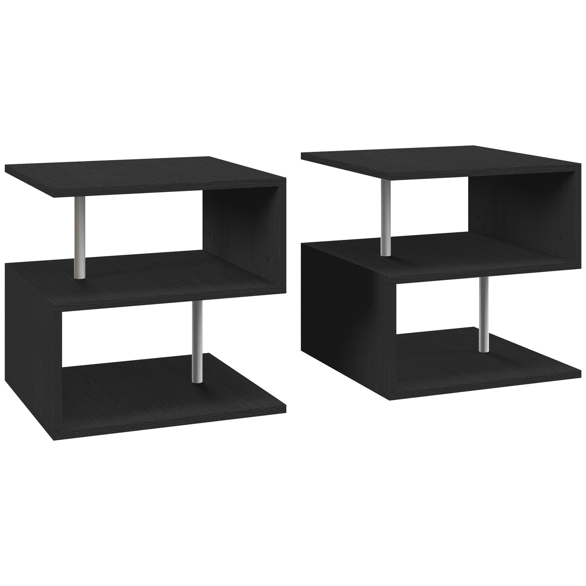 HOMCOM Wooden S Shape Cube Coffee Table 2 Tier Storage Shelves Organizer Office Bookcase Living Room End Desk Stand Display Set of 2 (Black) - North Peak Garden Furniture