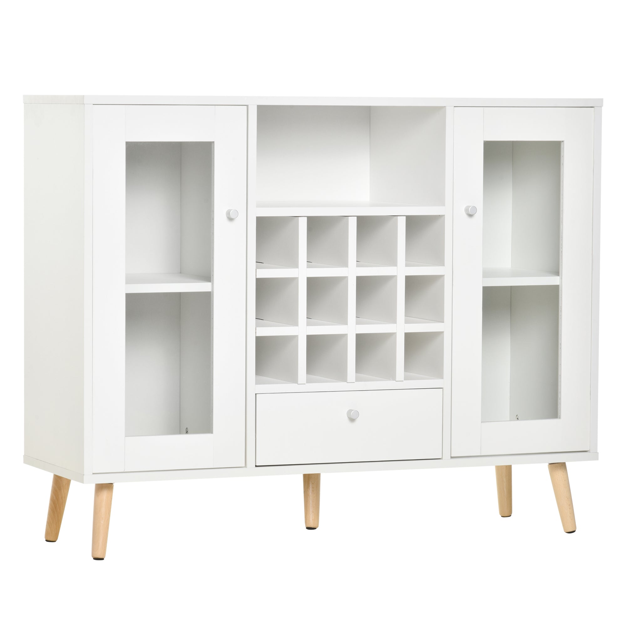 HOMCOM Modern Sideboard Storage Cabinet Kitchen Cupboard Dining Bar Server with Glass Doors, Drawer & 12-Bottle Wine Rack for Living Room, White - North Peak Garden Furniture