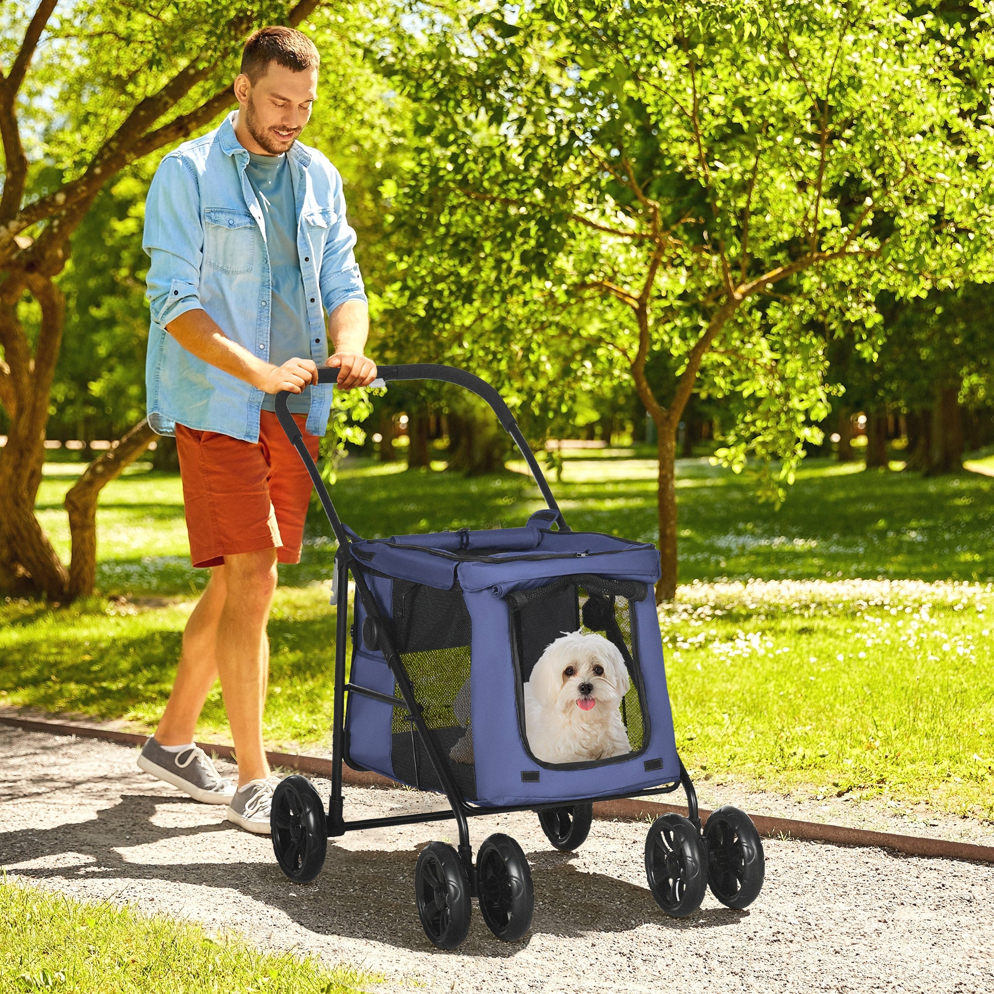 PawHut Dog Pram Dog Stroller 4 Wheels Pet Pushchair with Rolling Door, Cushion, Safety Leashes, for Small and Medium Dogs, Dark Blue - North Peak Garden Furniture