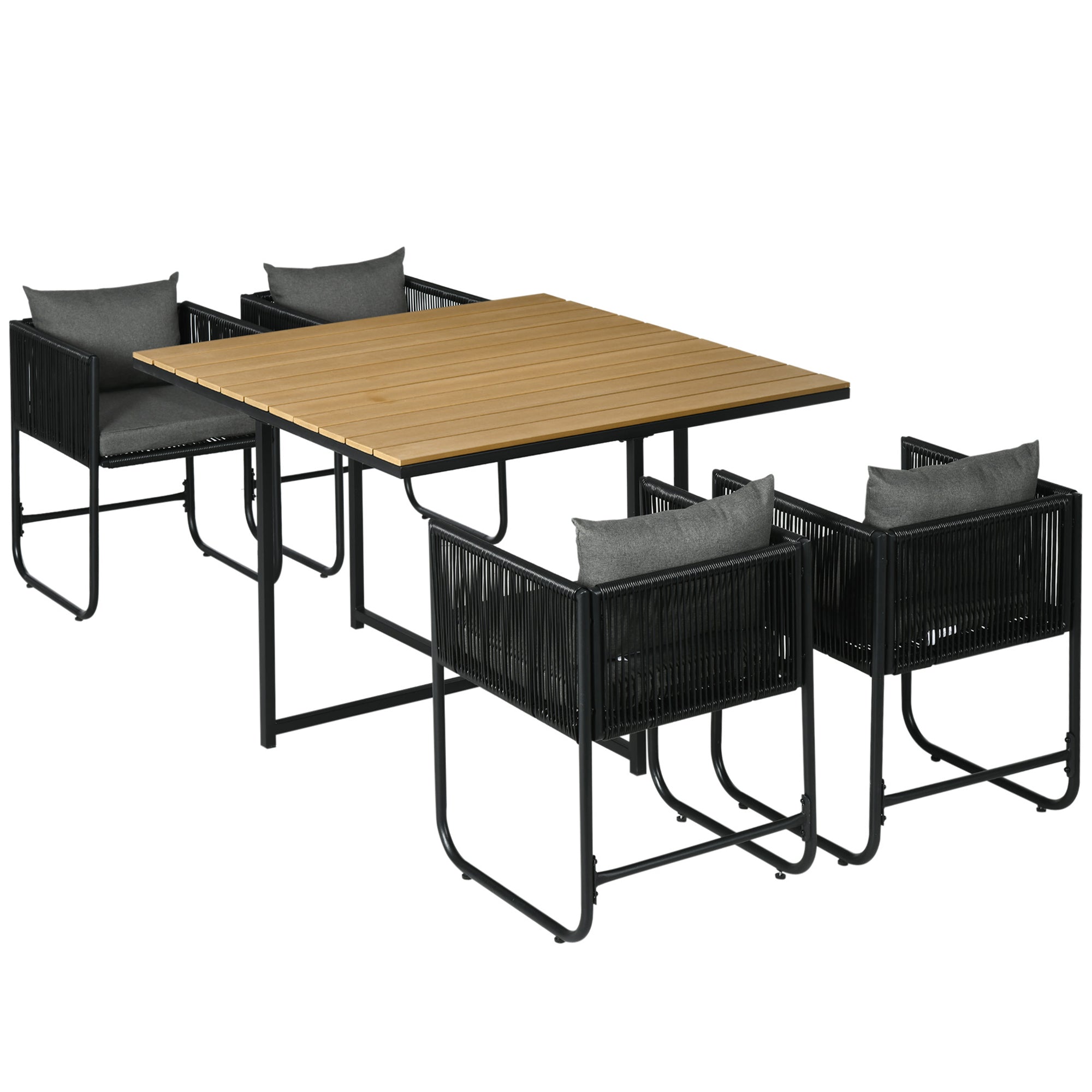 Outsunny 4 Seater Rattan Cube Garden Furniture Set, Rattan Dining Set with Cushions, Outdoor Dining Table and Chairs with Rectangular Wood Grain Plastic Top Table for Patio, Balcony, Black - North Peak Garden Furniture