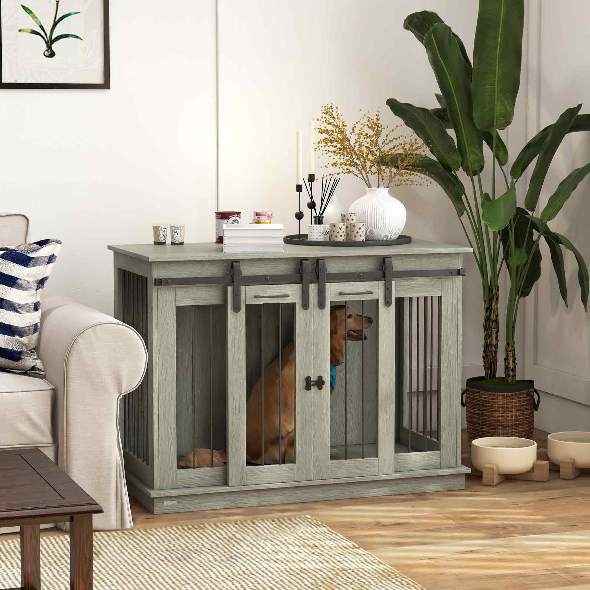 PawHut Dog Crate Furniture for Large Dogs, Double Dog Cage for Small Dogs, with Divider - Grey - North Peak Garden Furniture