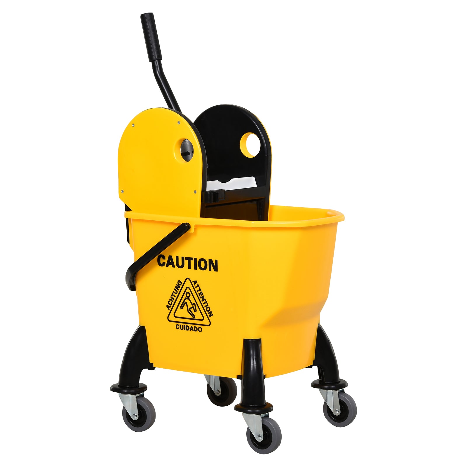 HOMCOM 26L Mop Bucket & Water Wringer w/ 4 Wheels Plastic Body Metal Handle Pole Holder Home Commercial Cleaning Floor Cart Yellow - North Peak Garden Furniture