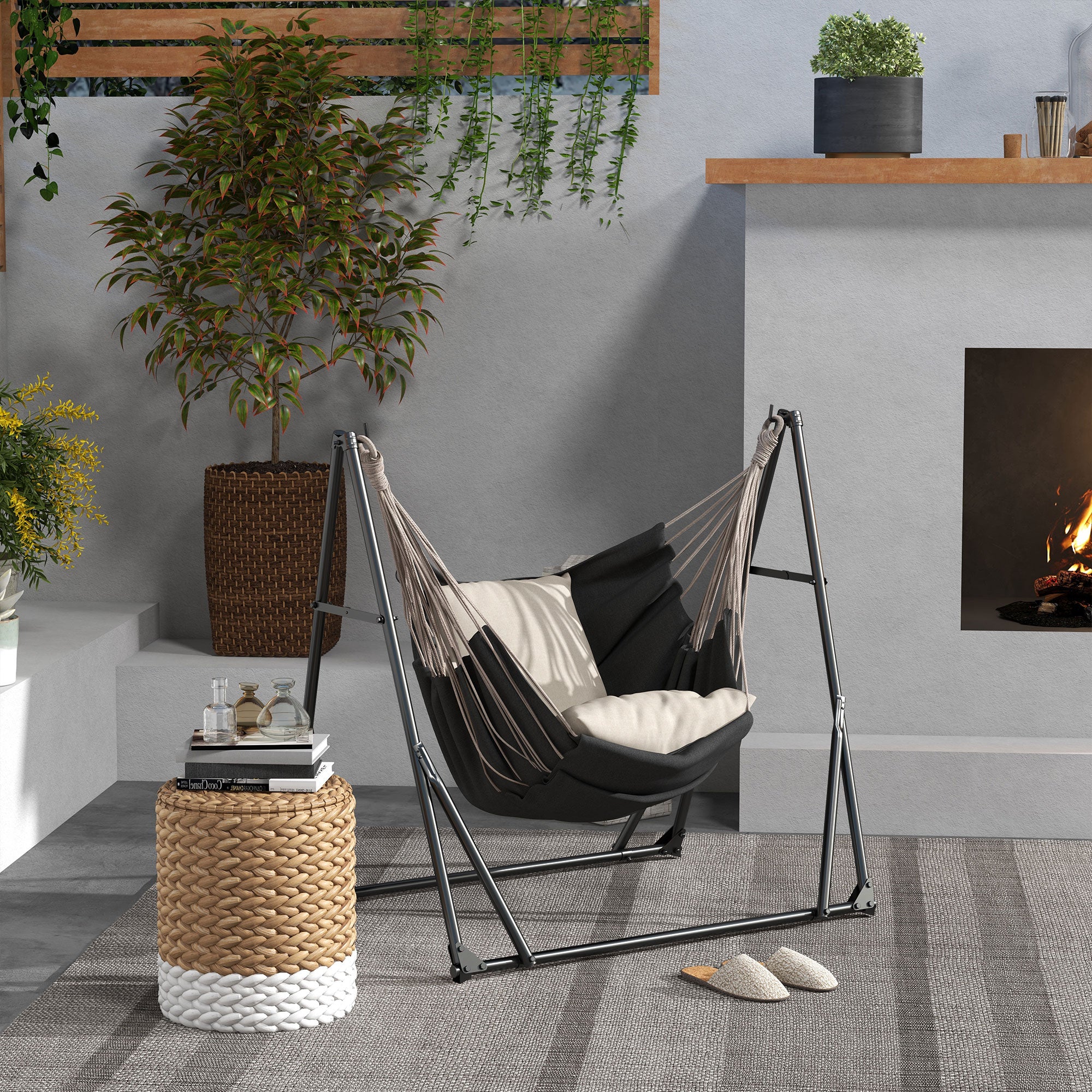 Outsunny Foldable Hammock Stand, Portable Hammock with Metal Frame, 2 in 1 Hammock Net Stand, Hammock Chair Stand with Carry Bag, Load Capacity 120kg, for Patio, Garden, Yard, Black - North Peak Garden Furniture