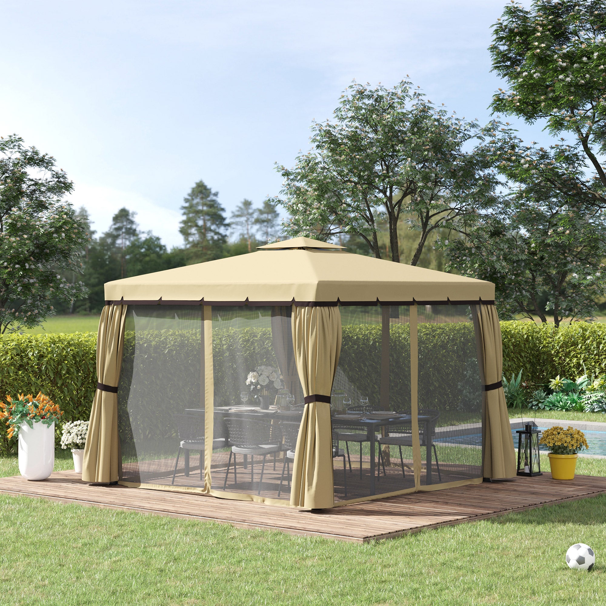 Outsunny 3 x 3(m) Patio Gazebo Canopy Garden Pavilion Tent Shelter with 2 Tier Water Repellent Roof, Mosquito Netting and Curtains, Aluminium Frame, Beige - North Peak Garden Furniture