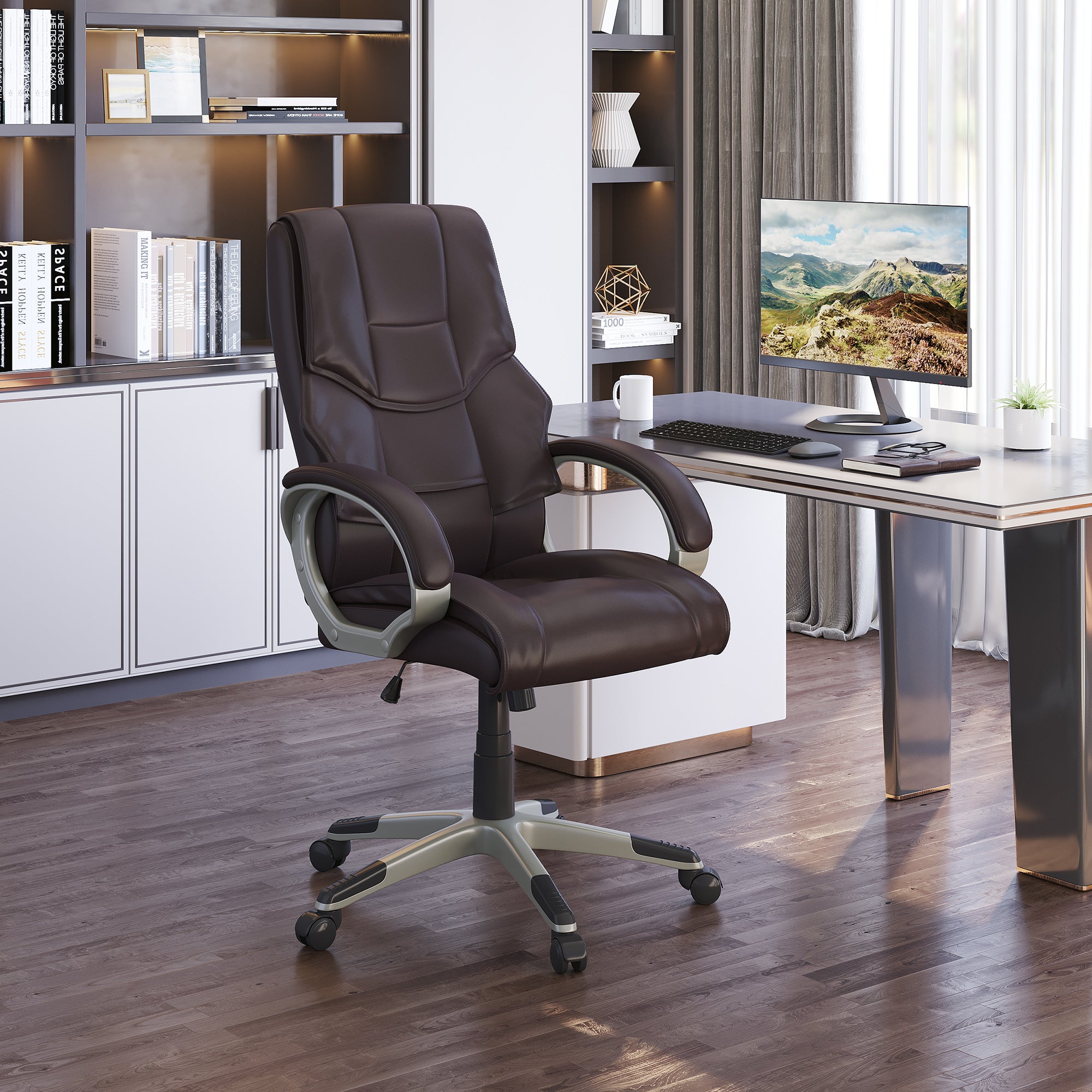 HOMCOM Home Office Chair High Back Computer Desk Chair with Faux Leather Adjustable Height Rocking Function Brown - North Peak Garden Furniture