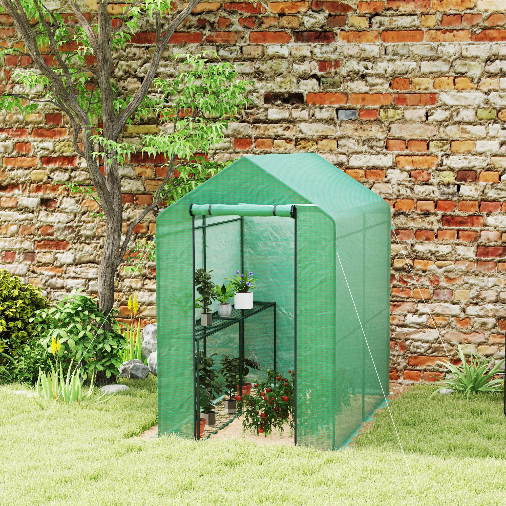 Outsunny 120 x 186cm Walk-In Greenhouse, with Shelves - Green - North Peak Garden Furniture