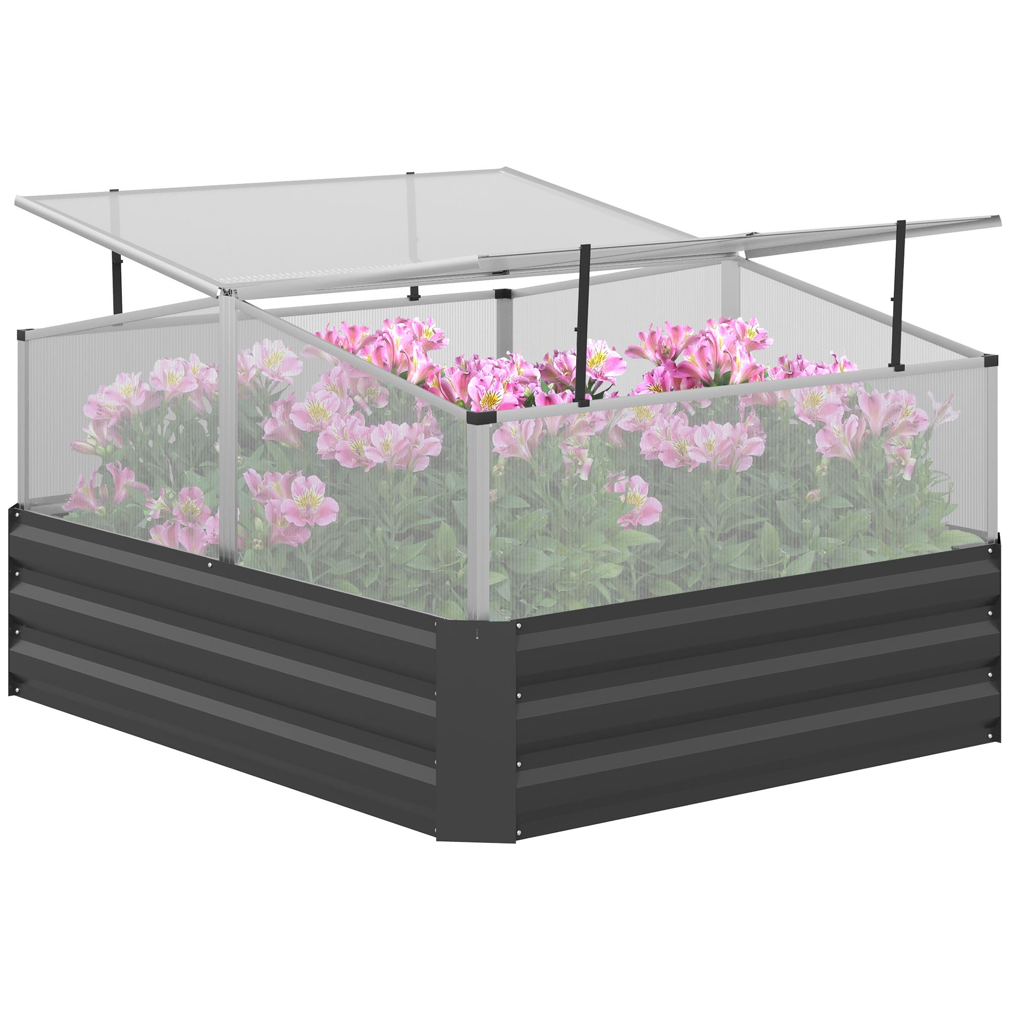 Outsunny Outsuuny Galvanised Raised Garden Bed, Outdoor Planter Box with Greenhouse and Cover for Vegetables, Flowers, Dark Grey - North Peak Garden Furniture